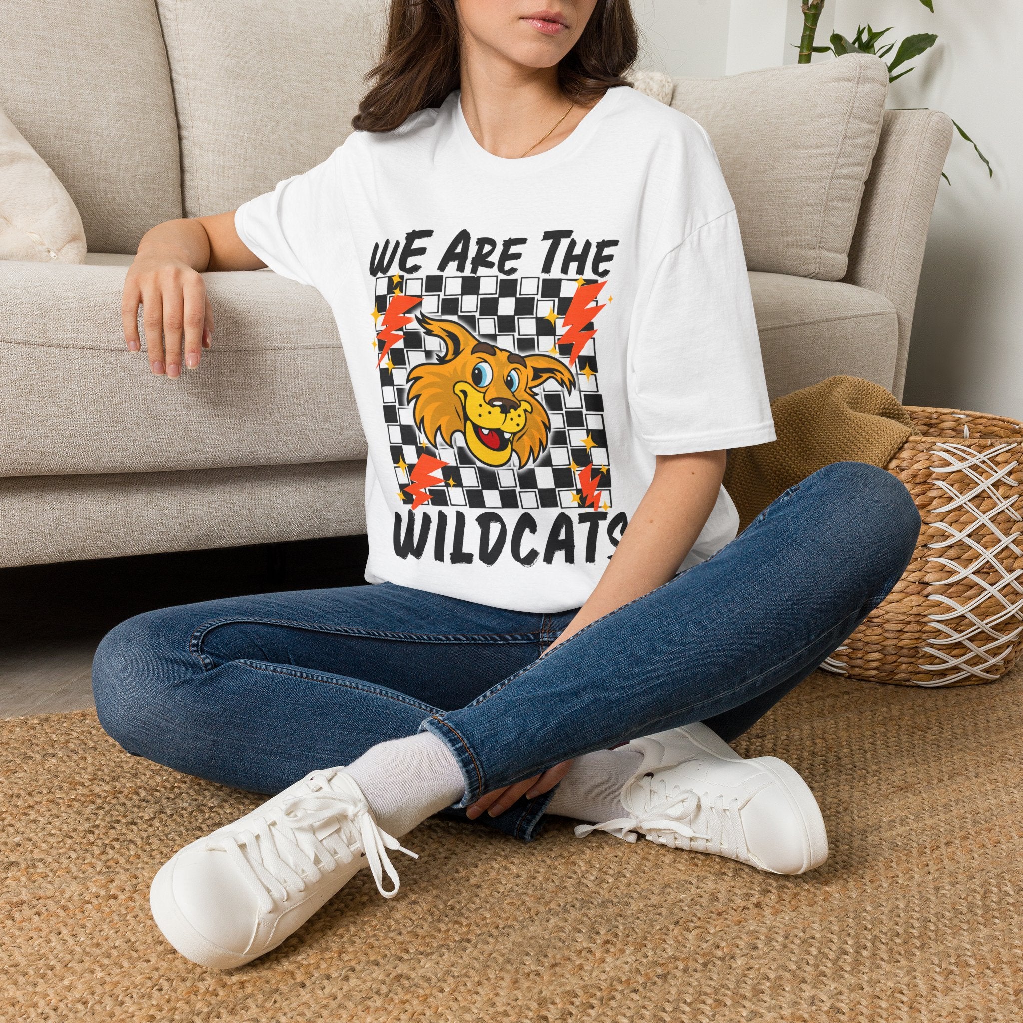 ADULT Wildcats Checkerboard T-Shirt — "We Are The Wildcats" Retro Mascot Tee