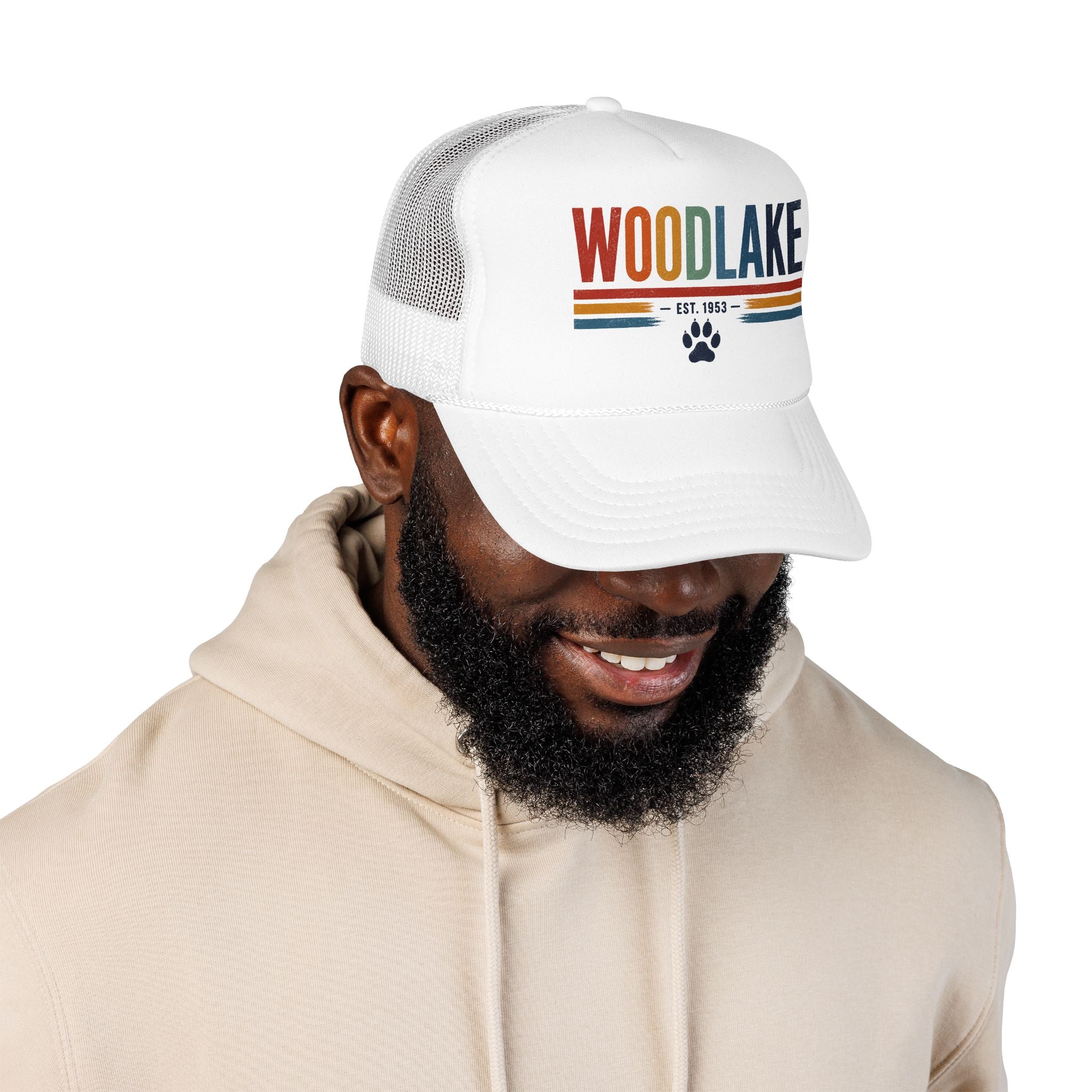 Woodlake Trucker Hat – Retro Striped Foam Cap with Paw Print (Est. 1953)
