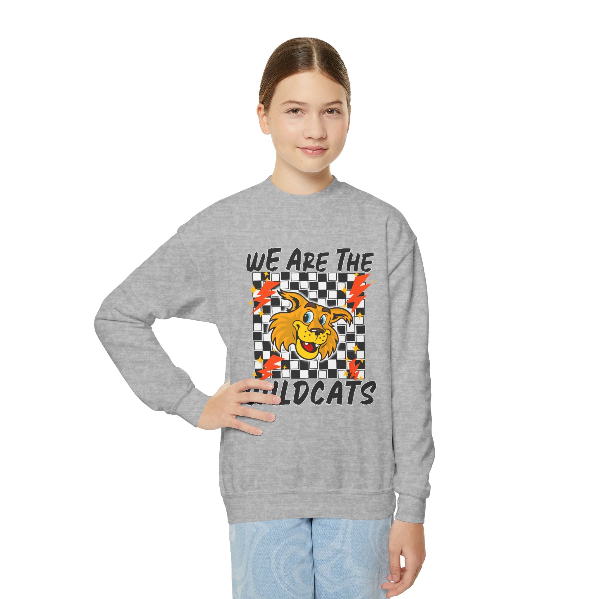 YOUTH Wildcats Crewneck Sweatshirt — "We Are The Wildcats" Retro Checkerboard Design