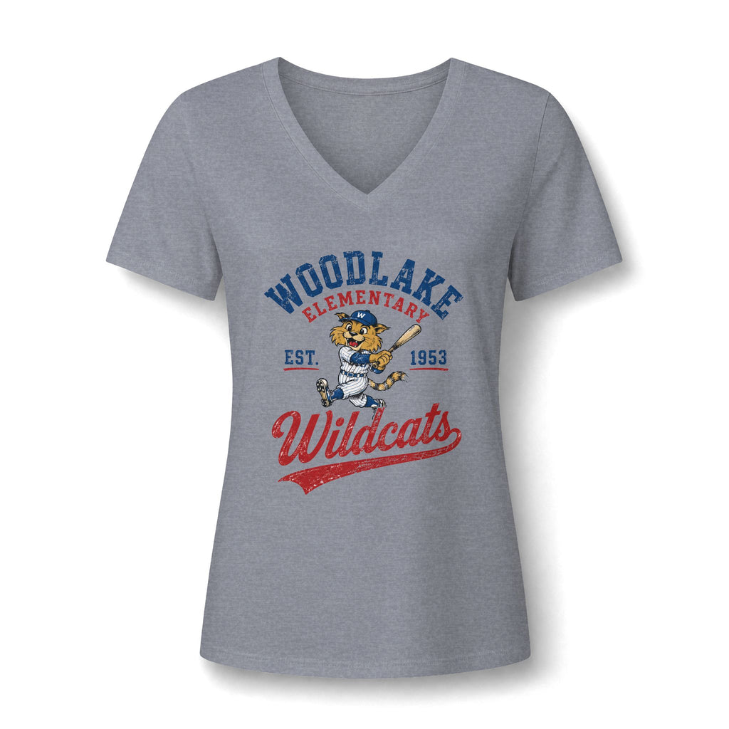 ADULT Women's V-Neck Tee — Woodlake Elementary Wildcats Vintage School Spirit