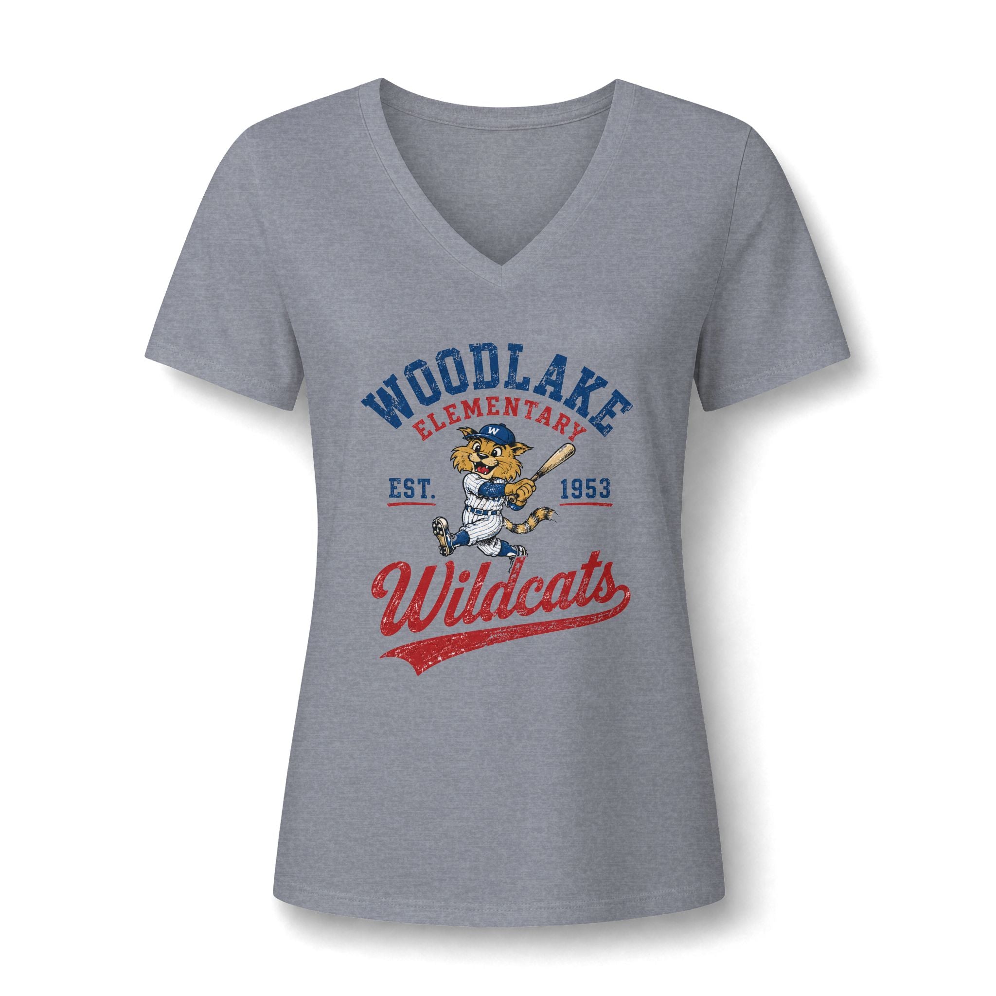 ADULT Women's V-Neck Tee — Woodlake Elementary Wildcats Vintage School Spirit