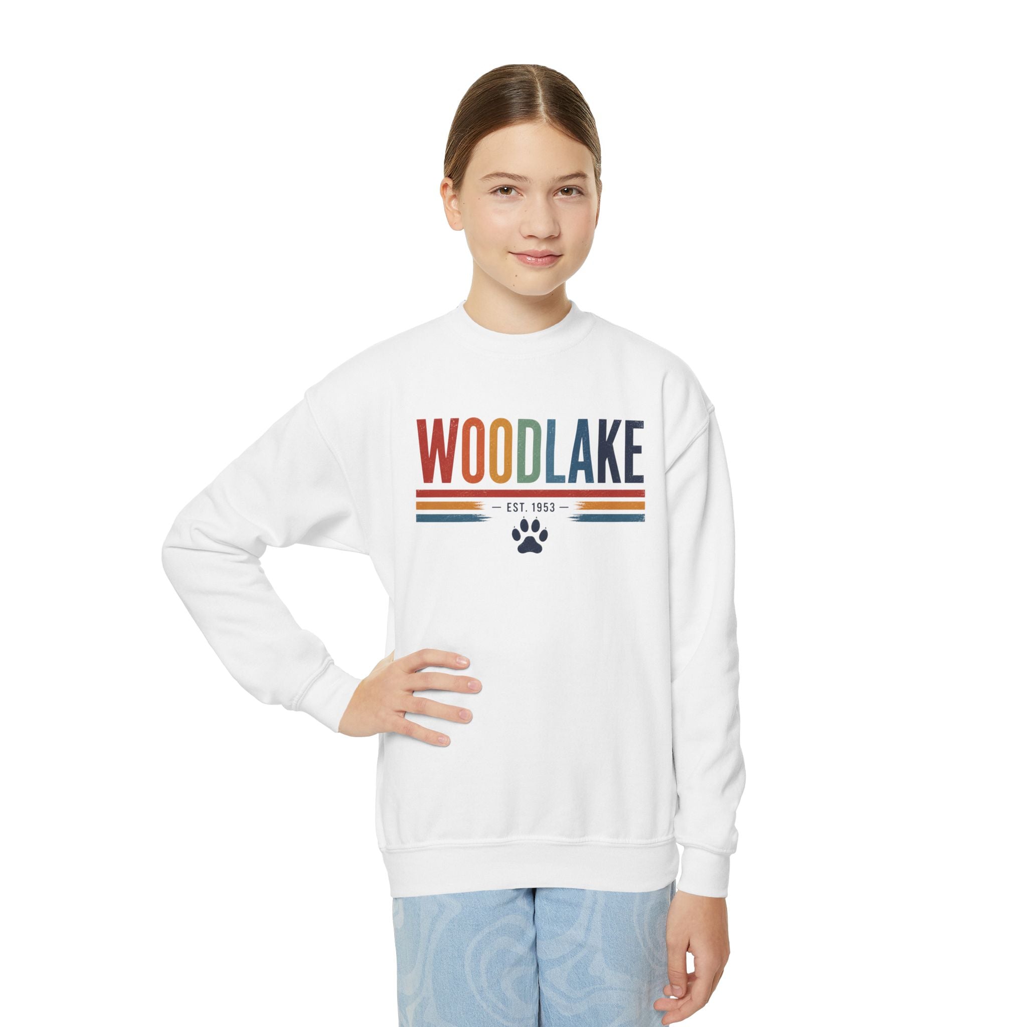 YOUTH Woodlake Crewneck Sweatshirt — Retro Striped Paw Logo