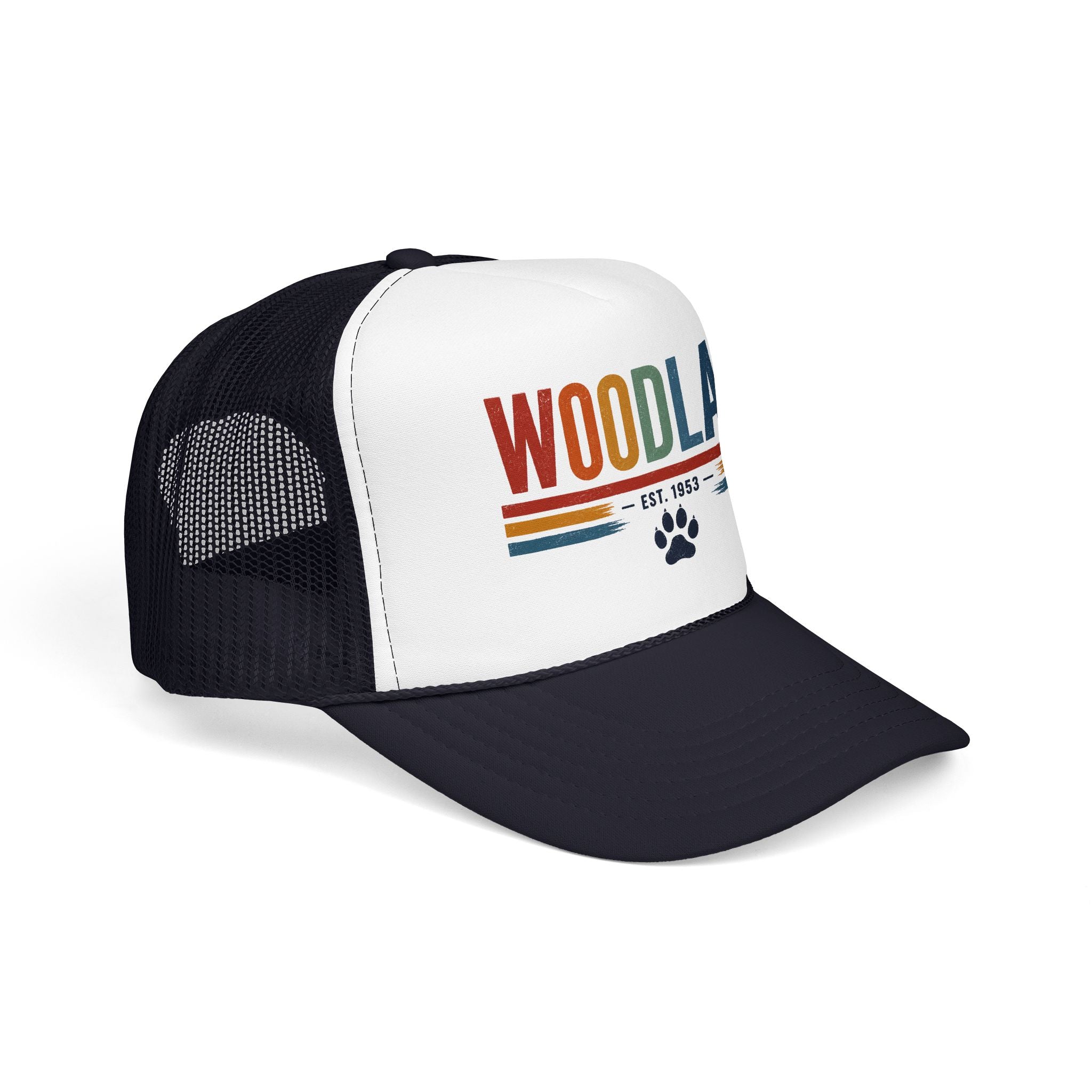 Woodlake Trucker Hat – Retro Striped Foam Cap with Paw Print (Est. 1953)