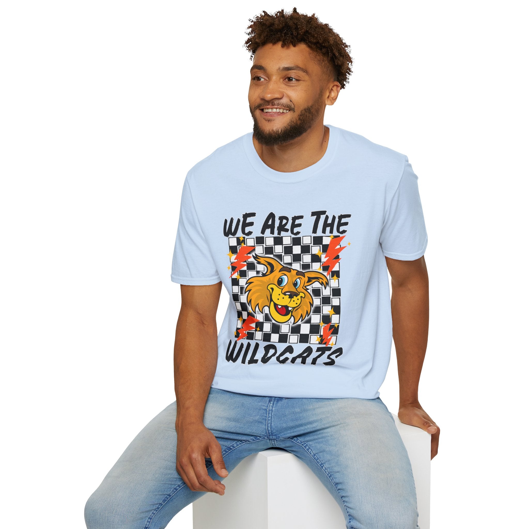 ADULT Wildcats Checkerboard T-Shirt — "We Are The Wildcats" Retro Mascot Tee