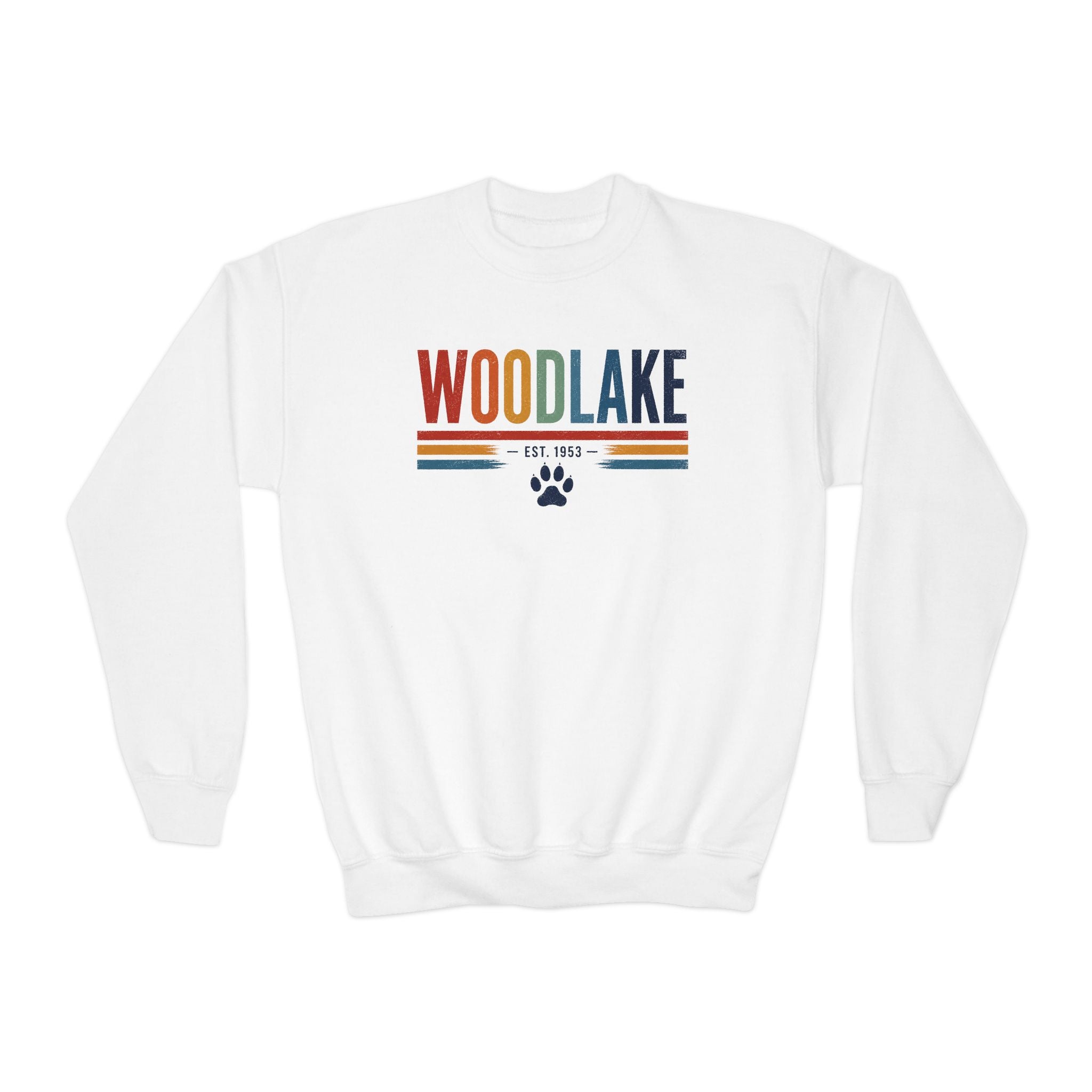 YOUTH Woodlake Crewneck Sweatshirt — Retro Striped Paw Logo