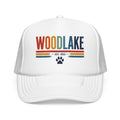 Woodlake Trucker Hat – Retro Striped Foam Cap with Paw Print (Est. 1953)