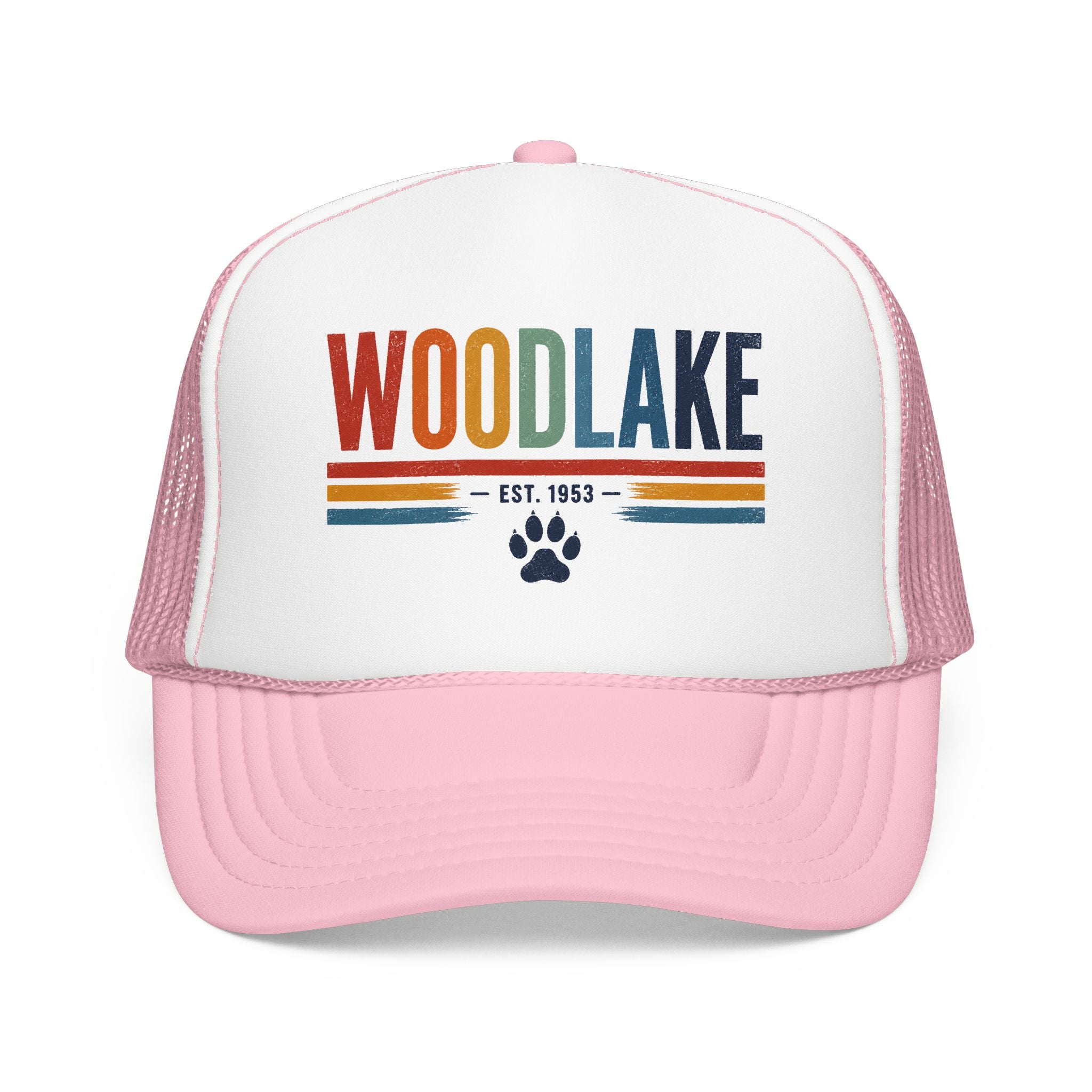 Woodlake Trucker Hat – Retro Striped Foam Cap with Paw Print (Est. 1953)