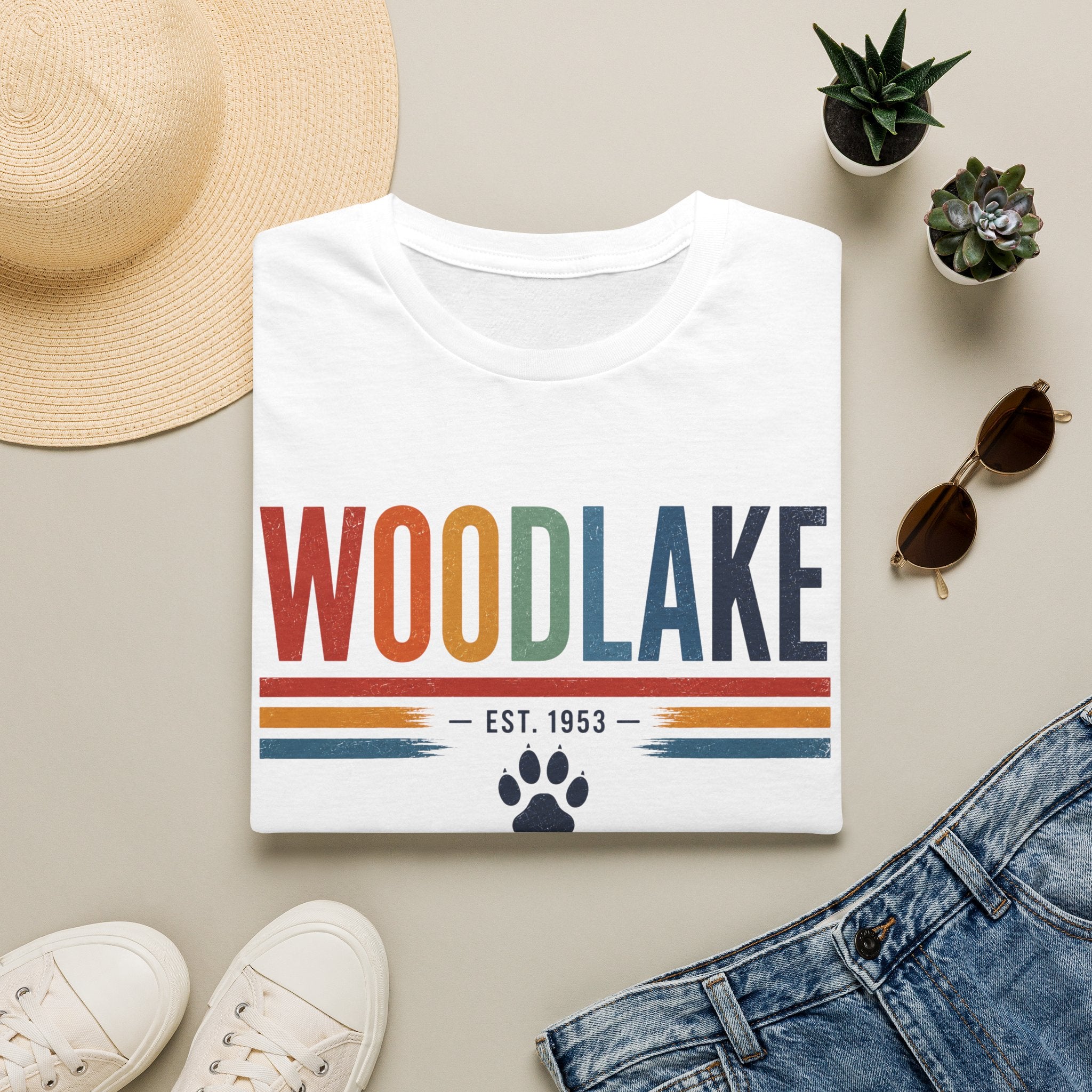 ADULT Woodlake Retro Logo T‑Shirt — Est. 1953 with Paw Print