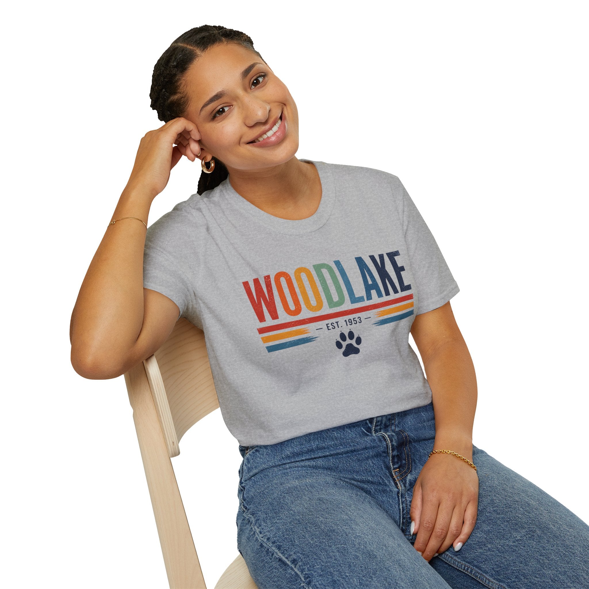 ADULT Woodlake Retro Logo T‑Shirt — Est. 1953 with Paw Print