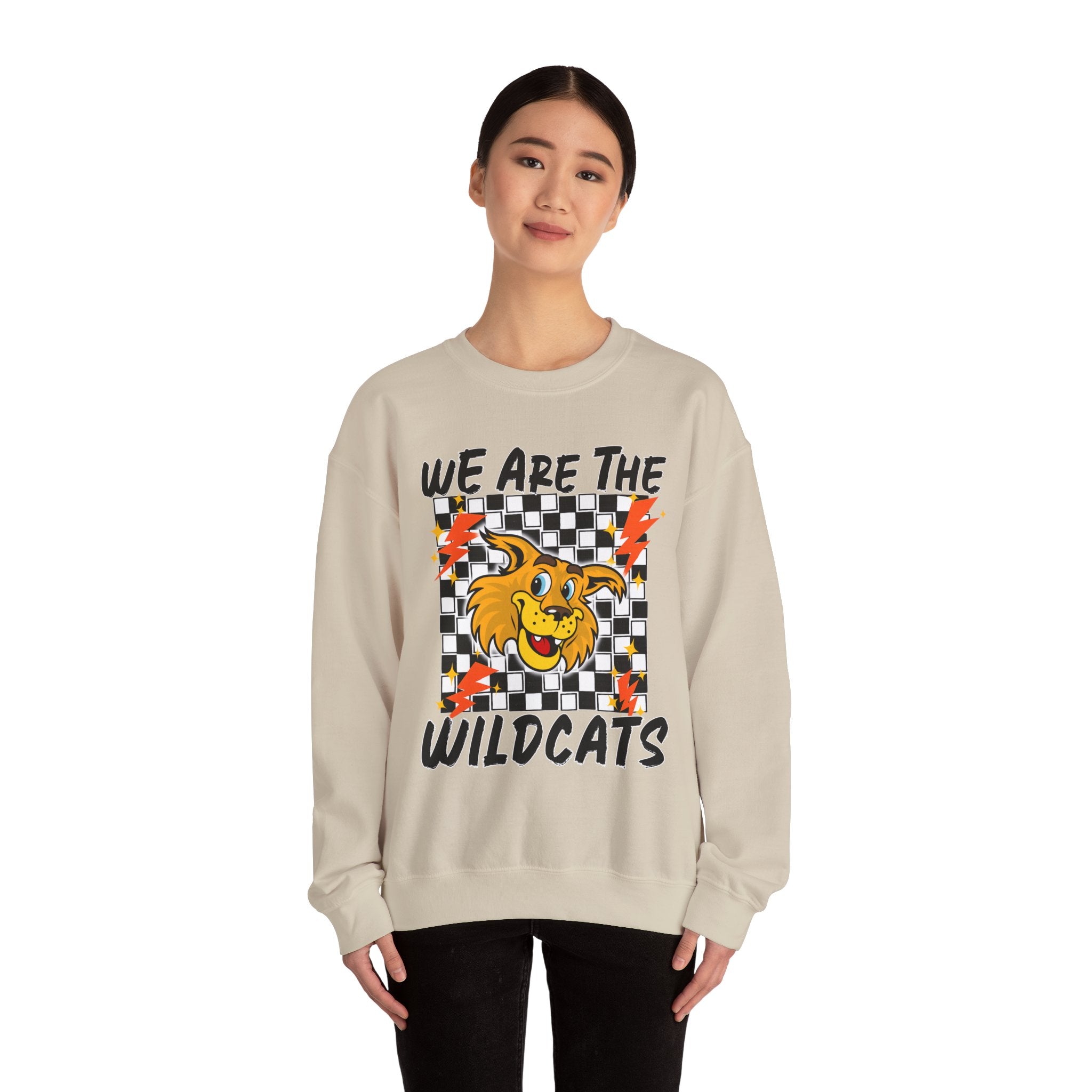 ADULT Wildcats Checkerboard Crewneck Sweatshirt – "We Are The Wildcats" School Spirit Sweater