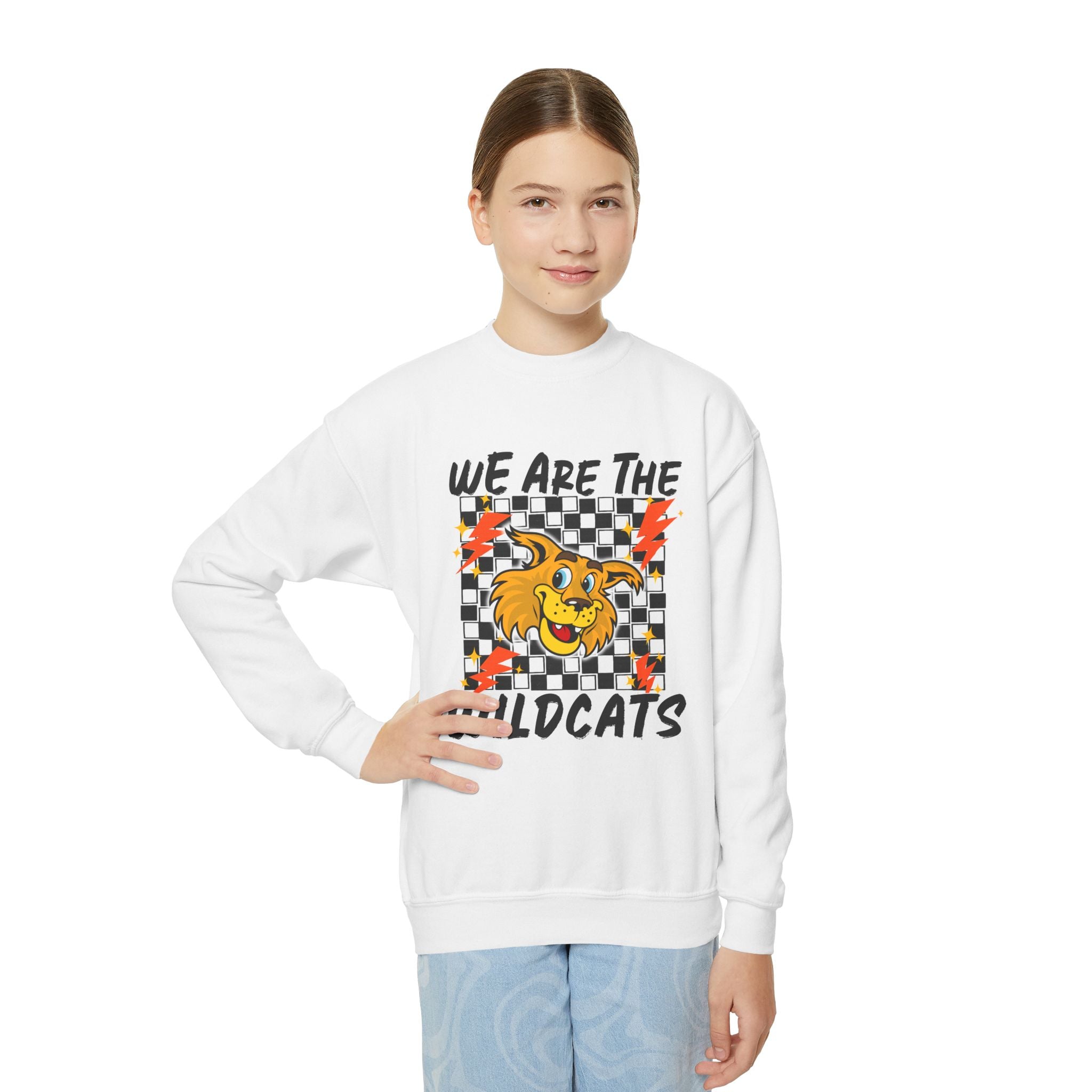 YOUTH Wildcats Crewneck Sweatshirt — "We Are The Wildcats" Retro Checkerboard Design