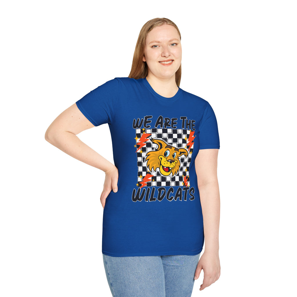 ADULT Wildcats Checkerboard T-Shirt — "We Are The Wildcats" Retro Mascot Tee