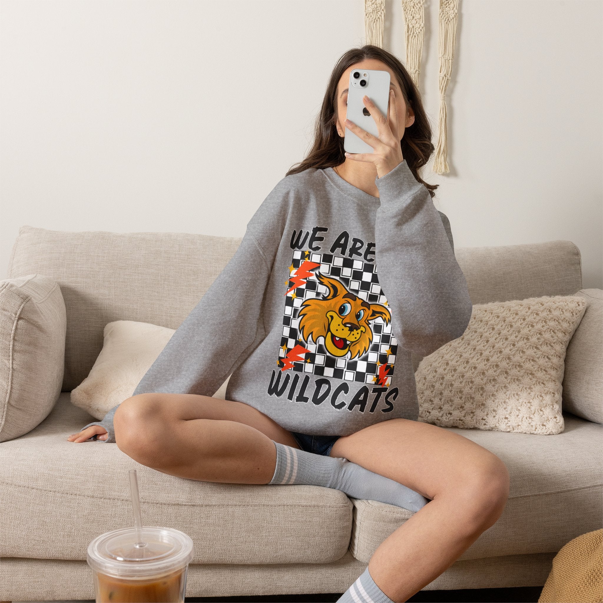 ADULT Wildcats Checkerboard Crewneck Sweatshirt – "We Are The Wildcats" School Spirit Sweater