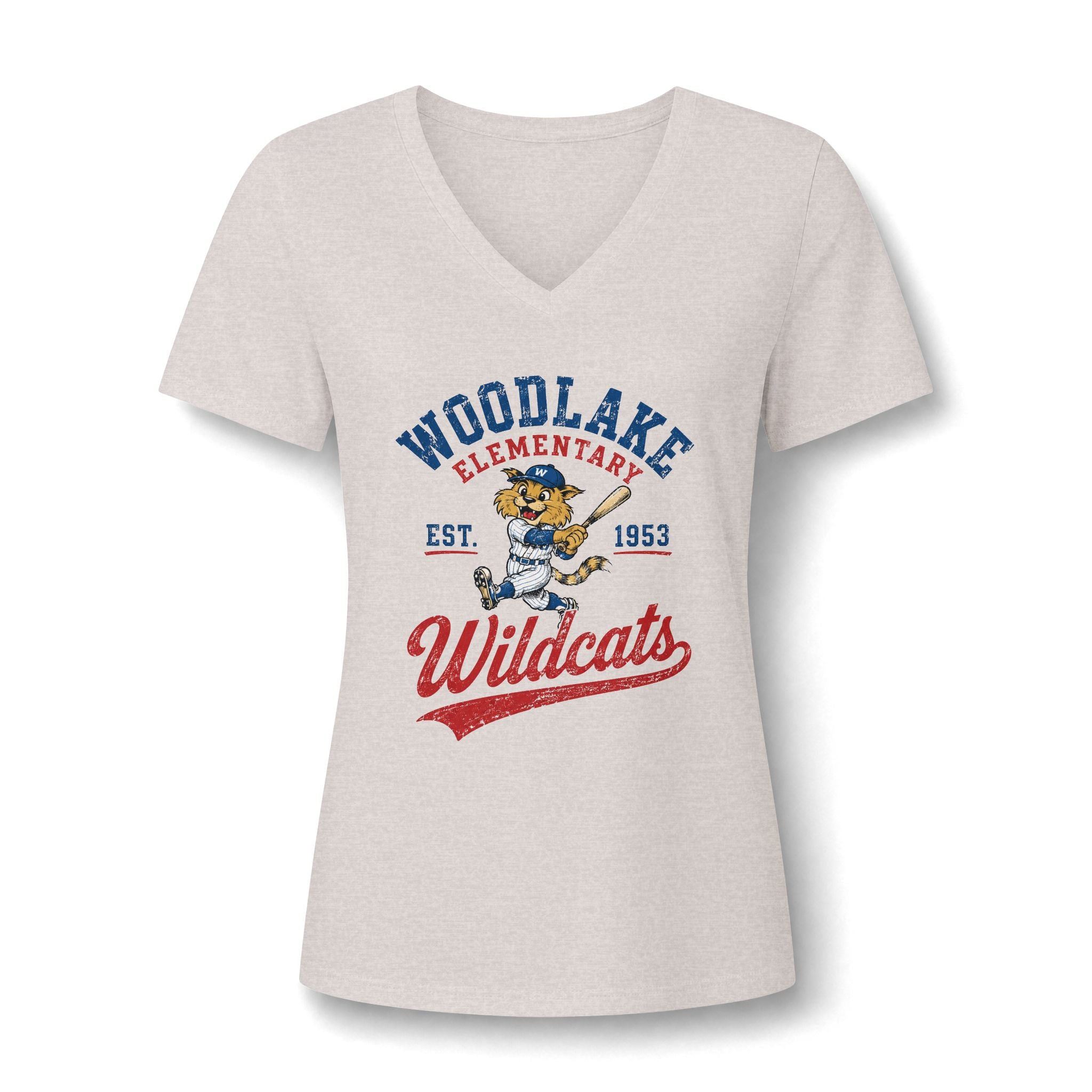 ADULT Women's V-Neck Tee — Woodlake Elementary Wildcats Vintage School Spirit