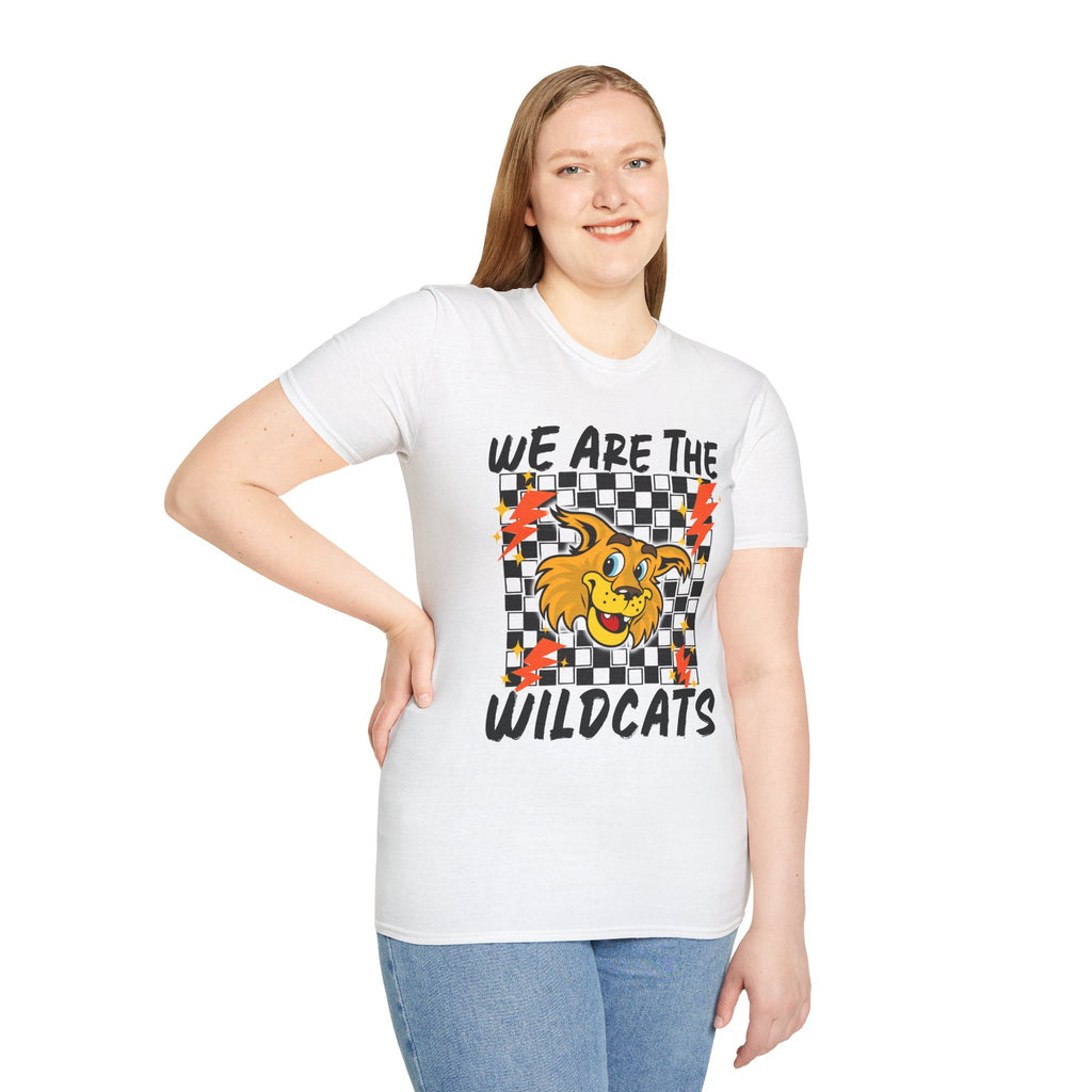 ADULT Wildcats Checkerboard T-Shirt — "We Are The Wildcats" Retro Mascot Tee