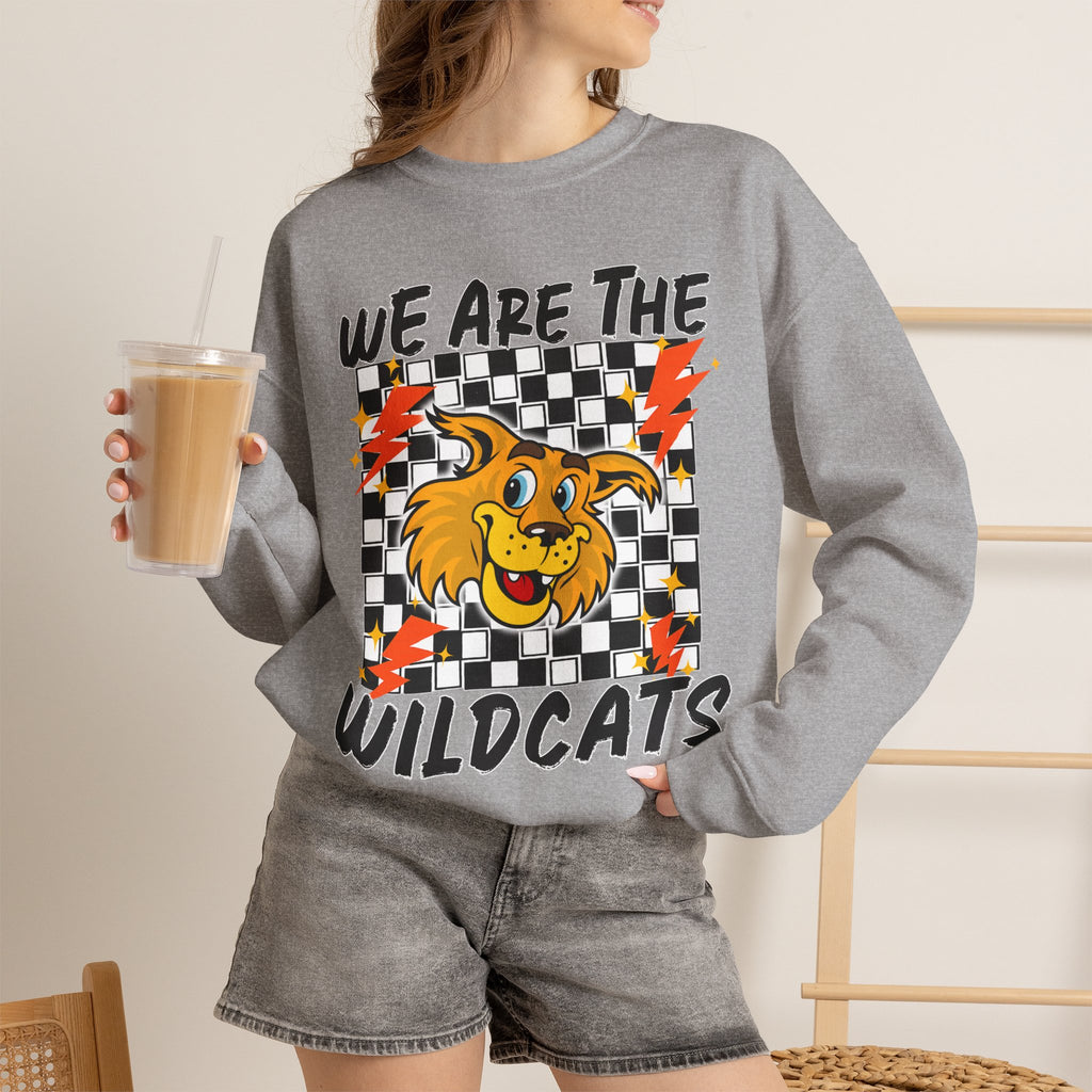 ADULT Wildcats Checkerboard Crewneck Sweatshirt – "We Are The Wildcats" School Spirit Sweater