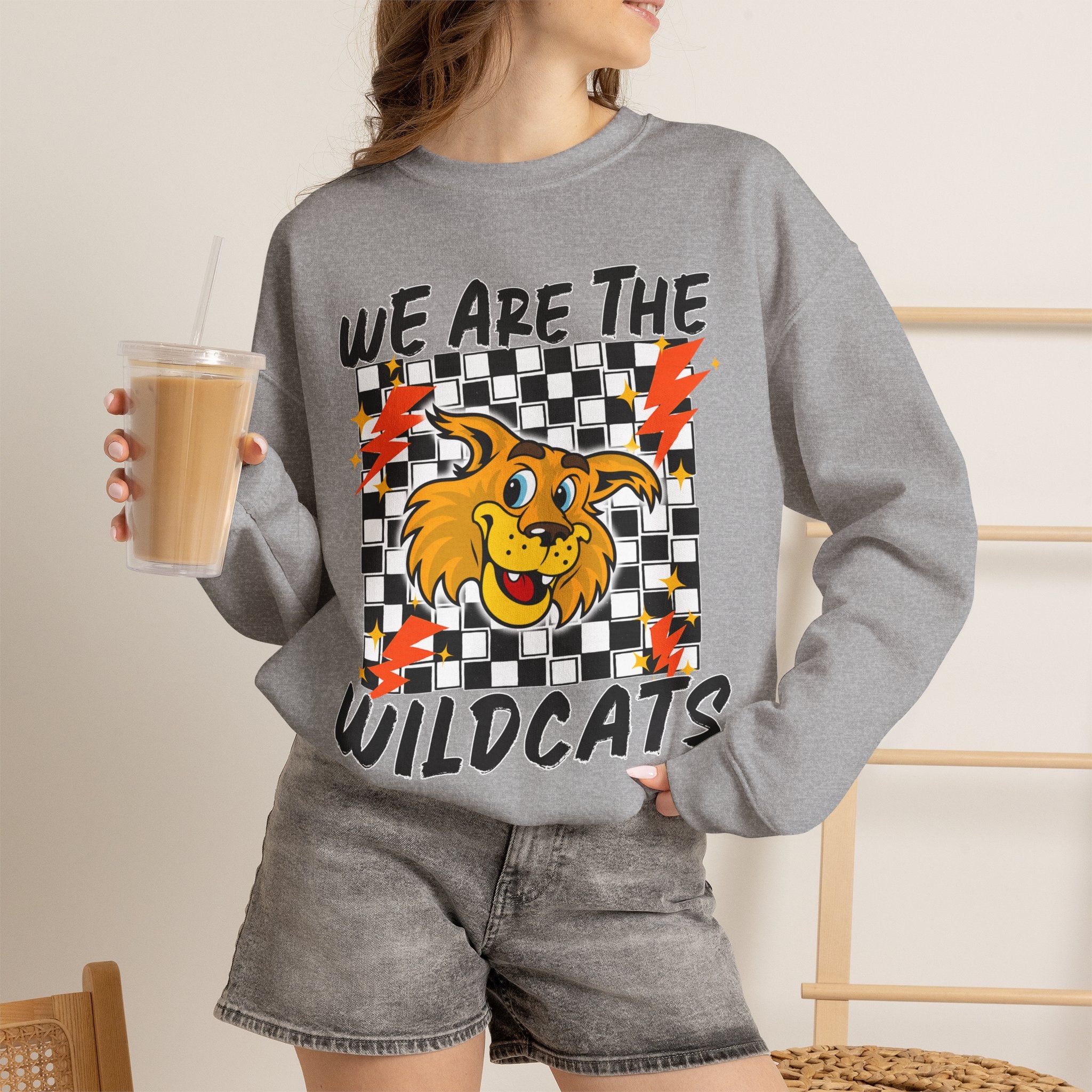 ADULT Wildcats Checkerboard Crewneck Sweatshirt – "We Are The Wildcats" School Spirit Sweater
