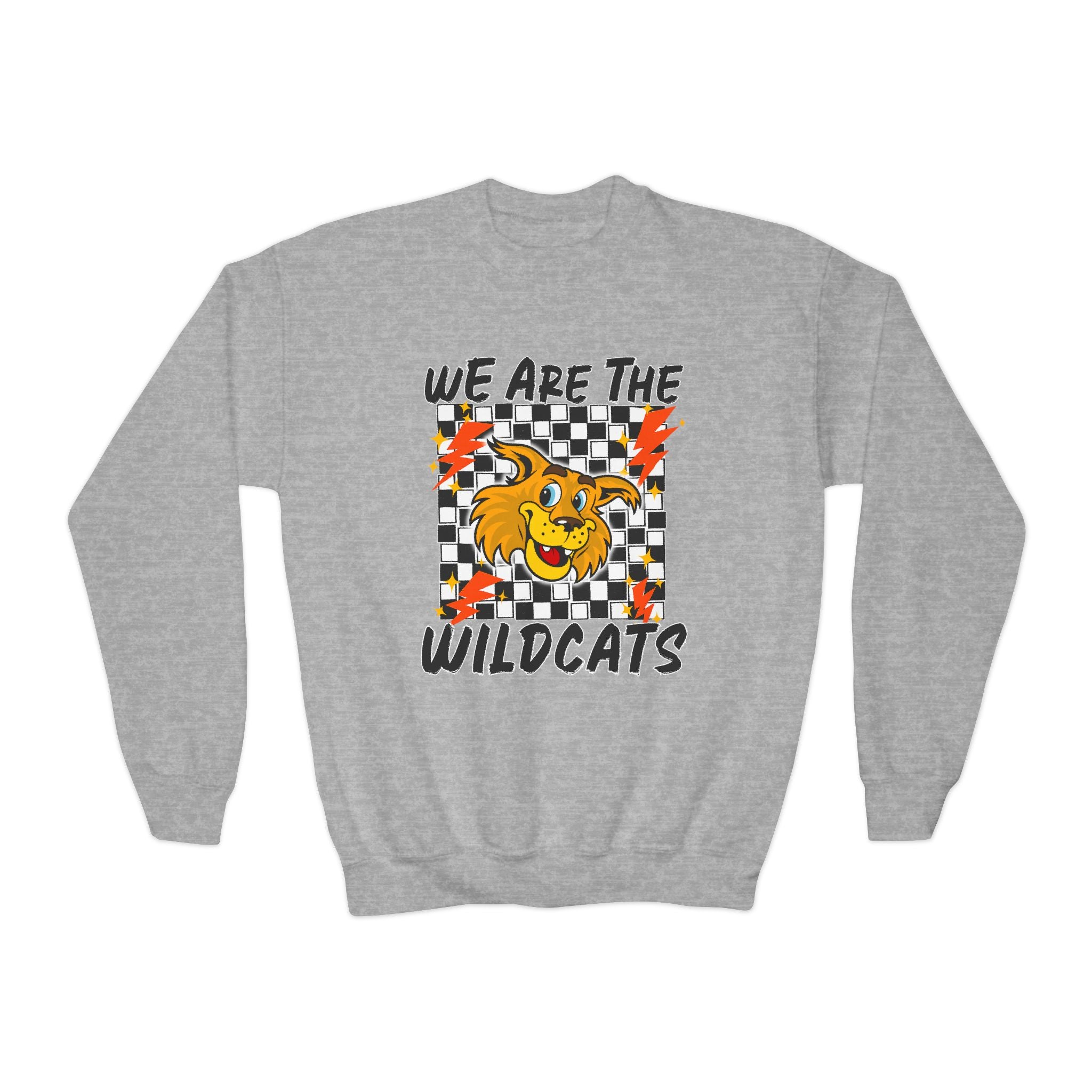 YOUTH Wildcats Crewneck Sweatshirt — "We Are The Wildcats" Retro Checkerboard Design