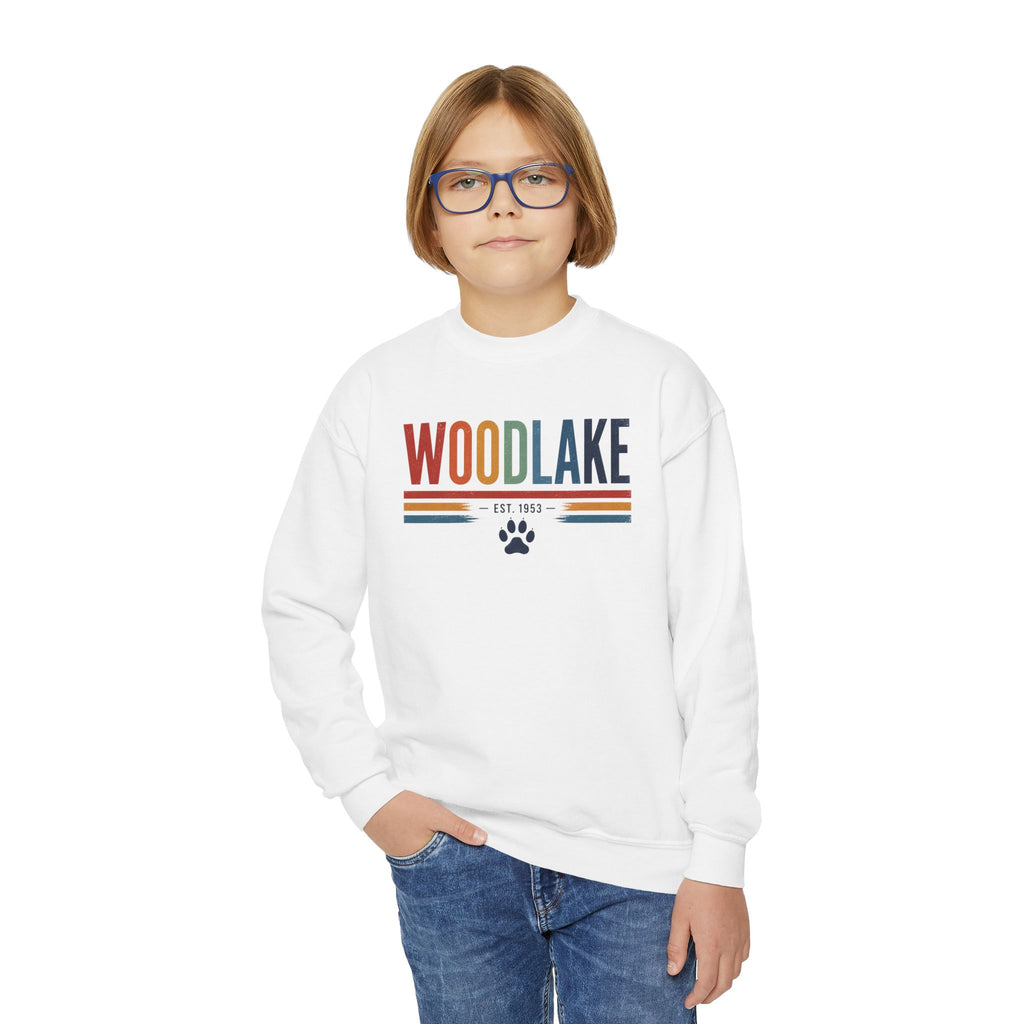 YOUTH Woodlake Crewneck Sweatshirt — Retro Striped Paw Logo
