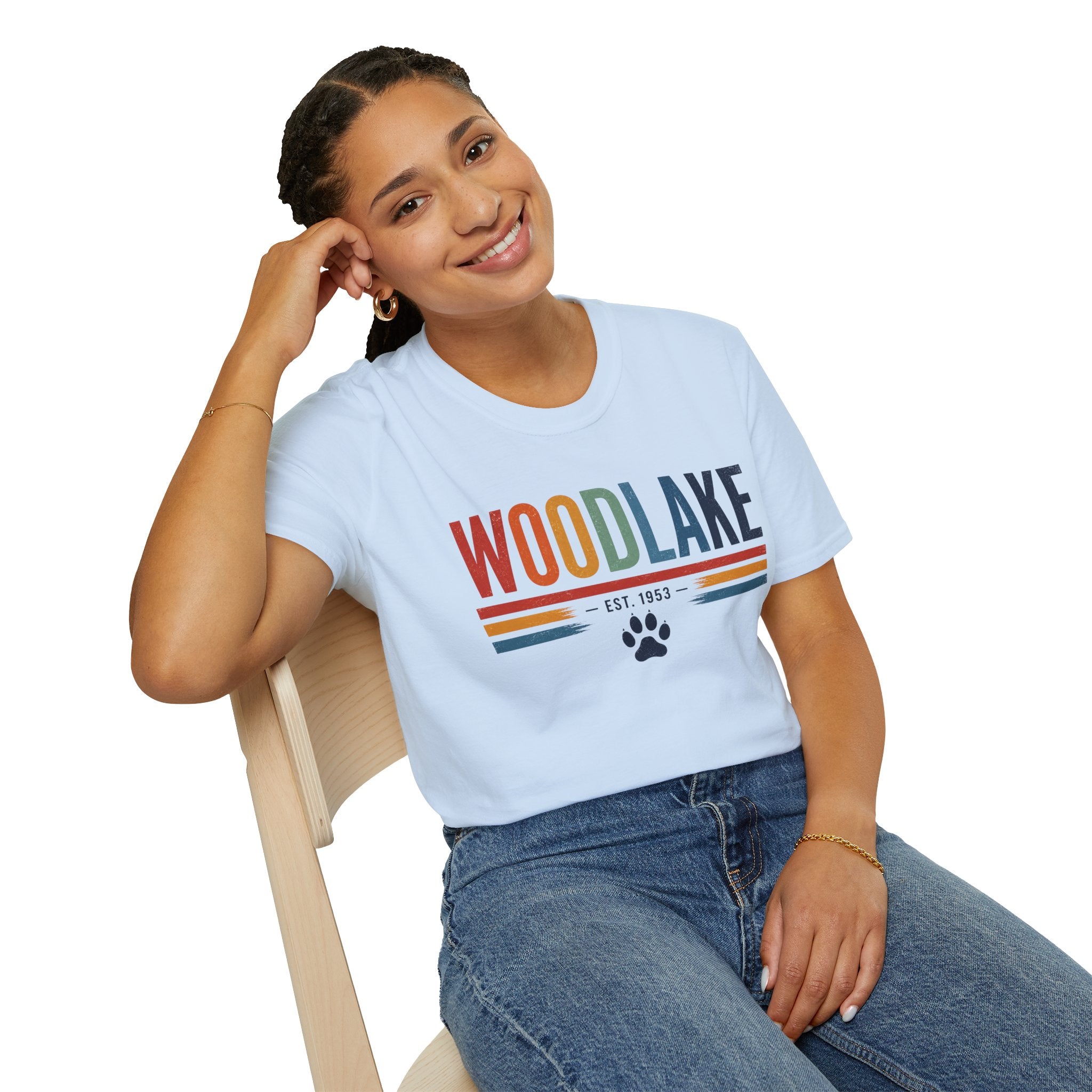 ADULT Woodlake Retro Logo T‑Shirt — Est. 1953 with Paw Print