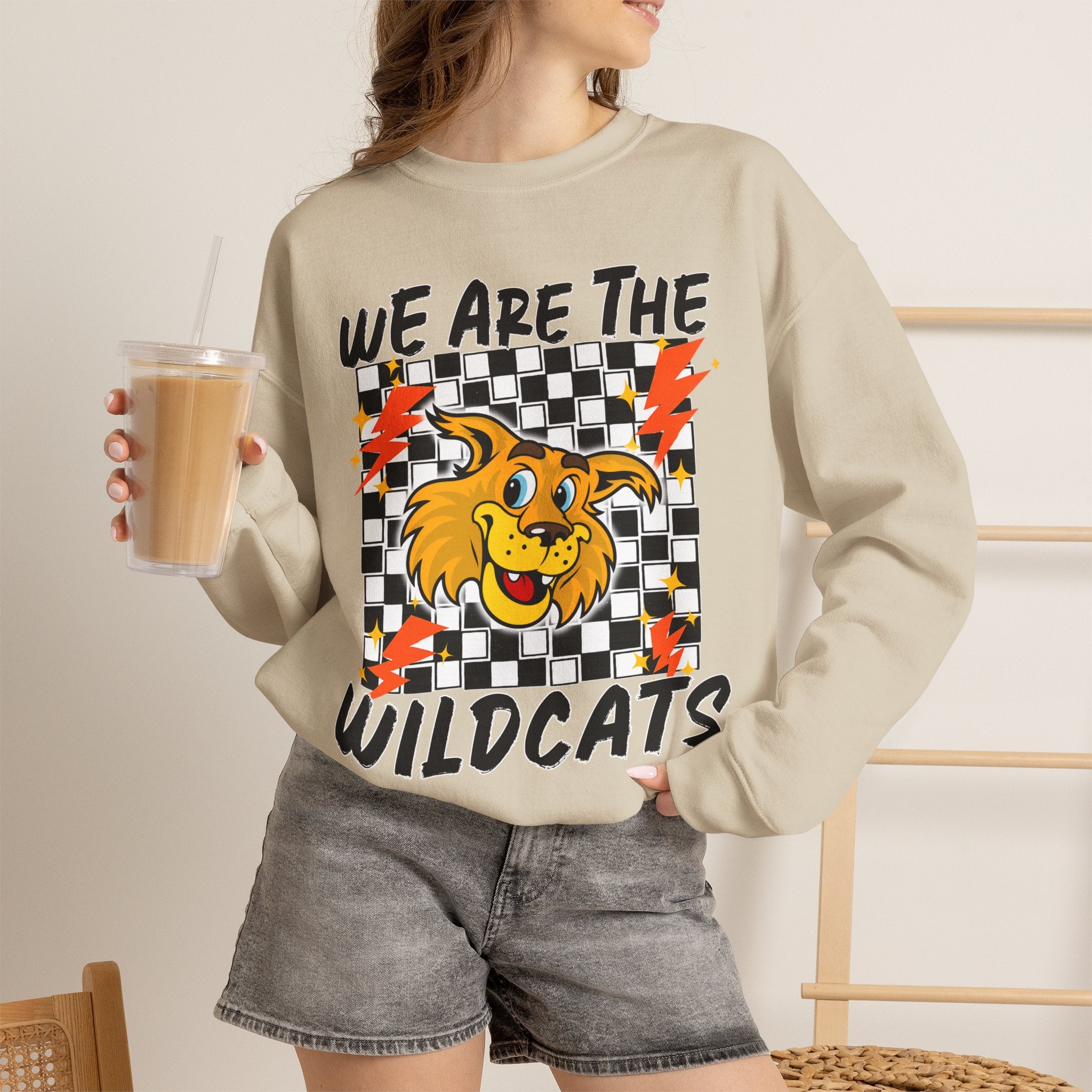 ADULT Wildcats Checkerboard Crewneck Sweatshirt – "We Are The Wildcats" School Spirit Sweater