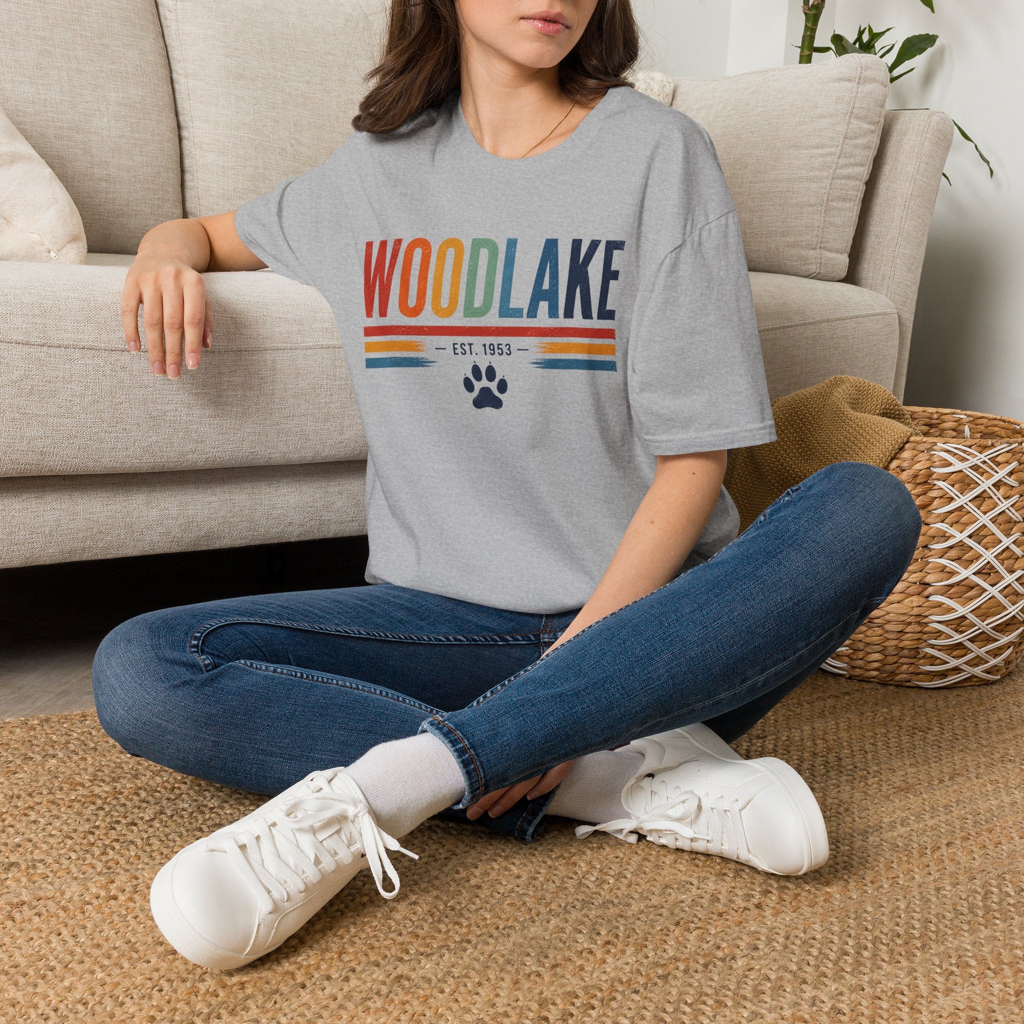 ADULT Woodlake Retro Logo T‑Shirt — Est. 1953 with Paw Print