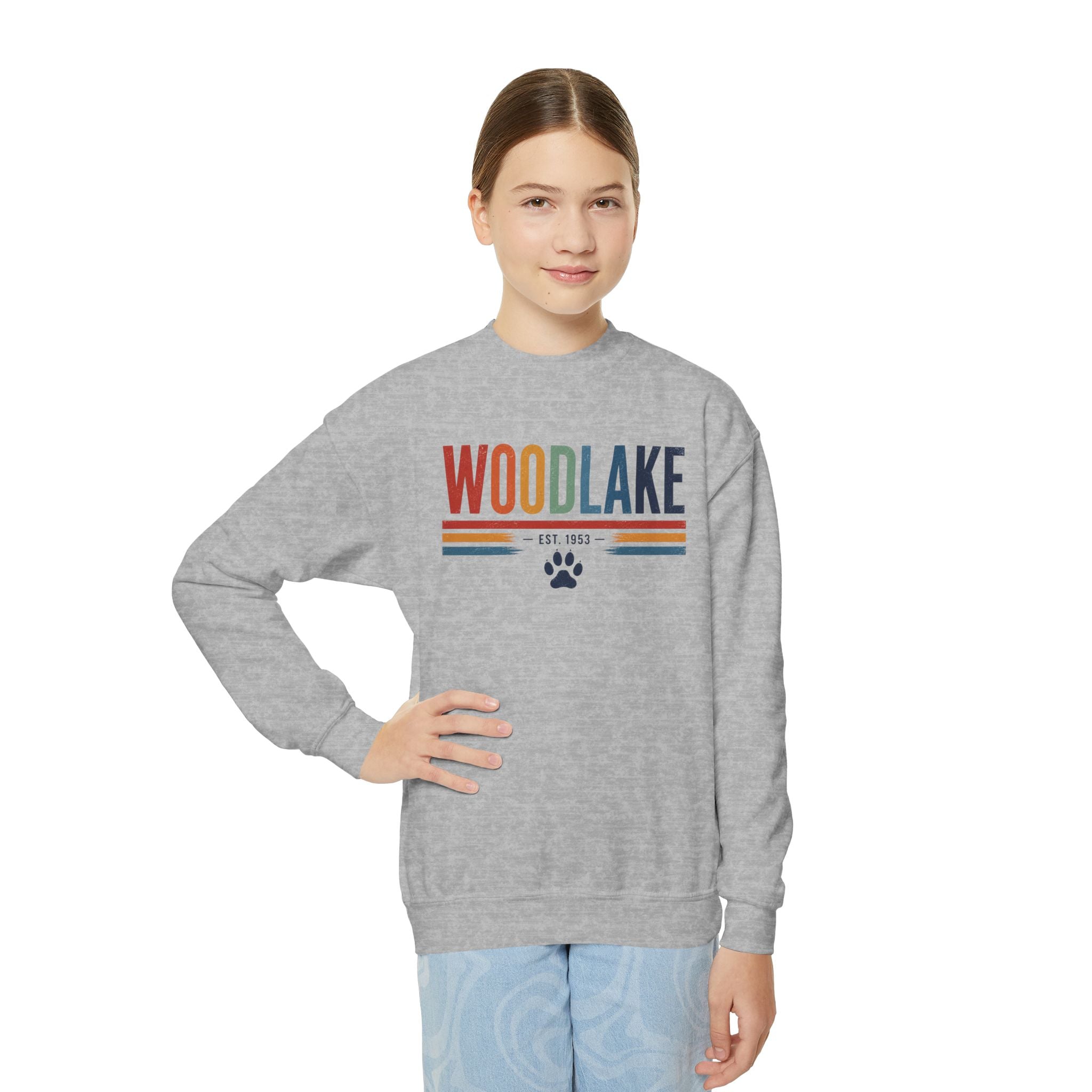 YOUTH Woodlake Crewneck Sweatshirt — Retro Striped Paw Logo