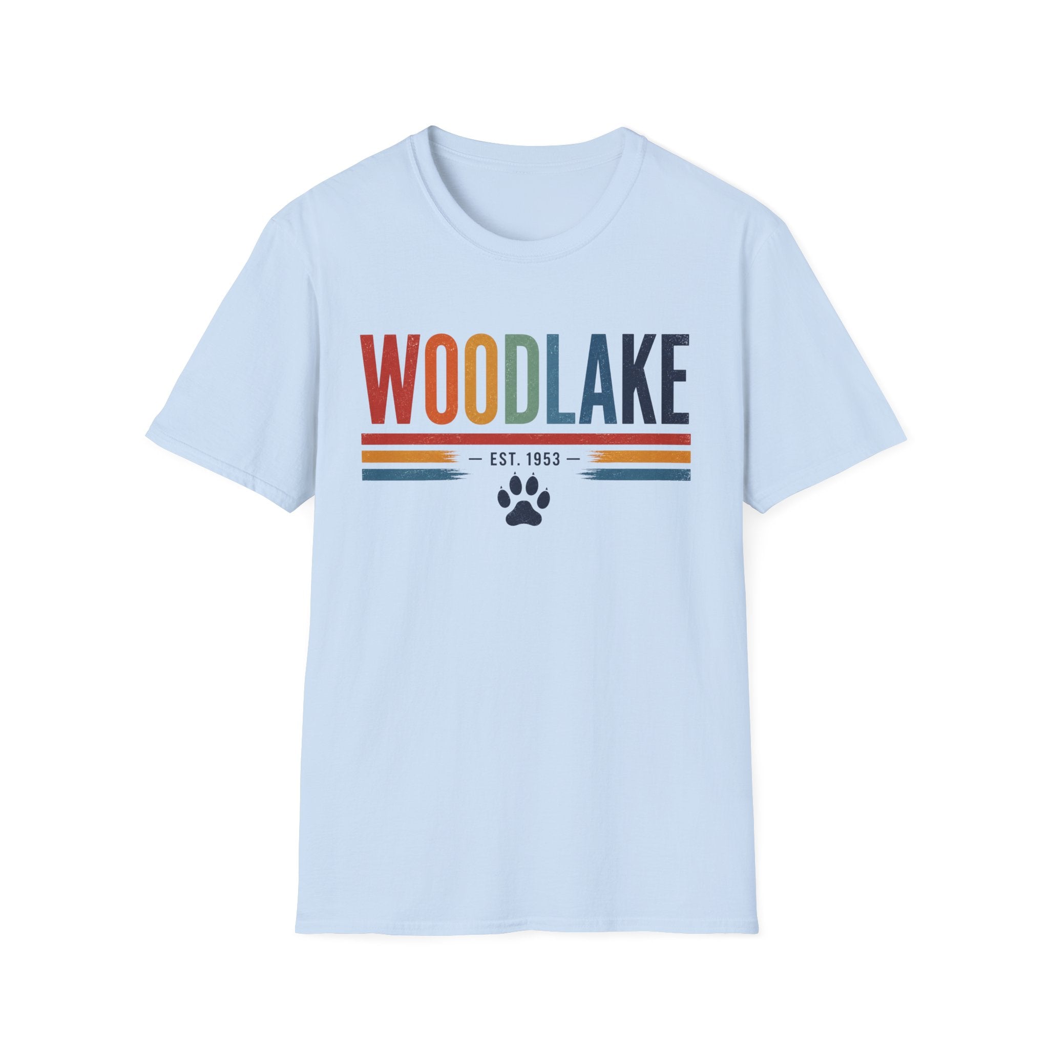ADULT Woodlake Retro Logo T‑Shirt — Est. 1953 with Paw Print