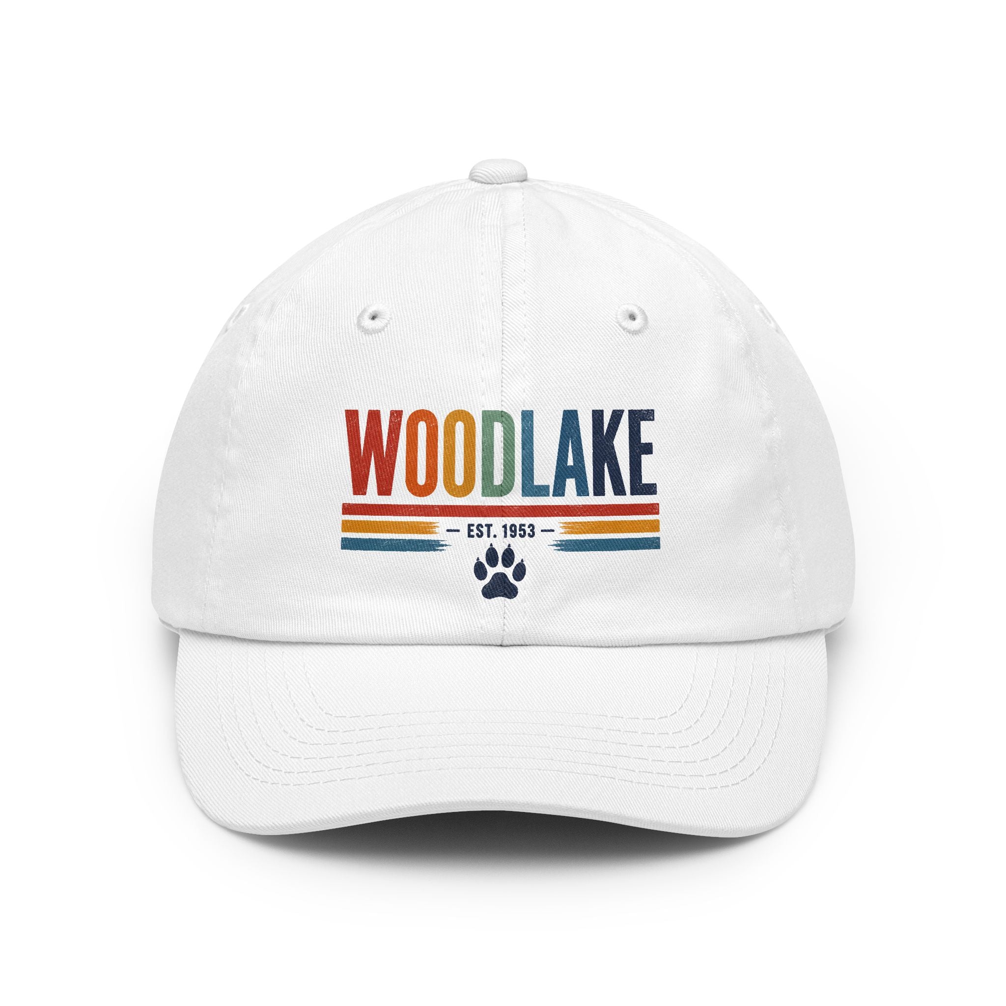 Woodlake Paw Print Dad Hat — Vintage Retro Striped Baseball Cap