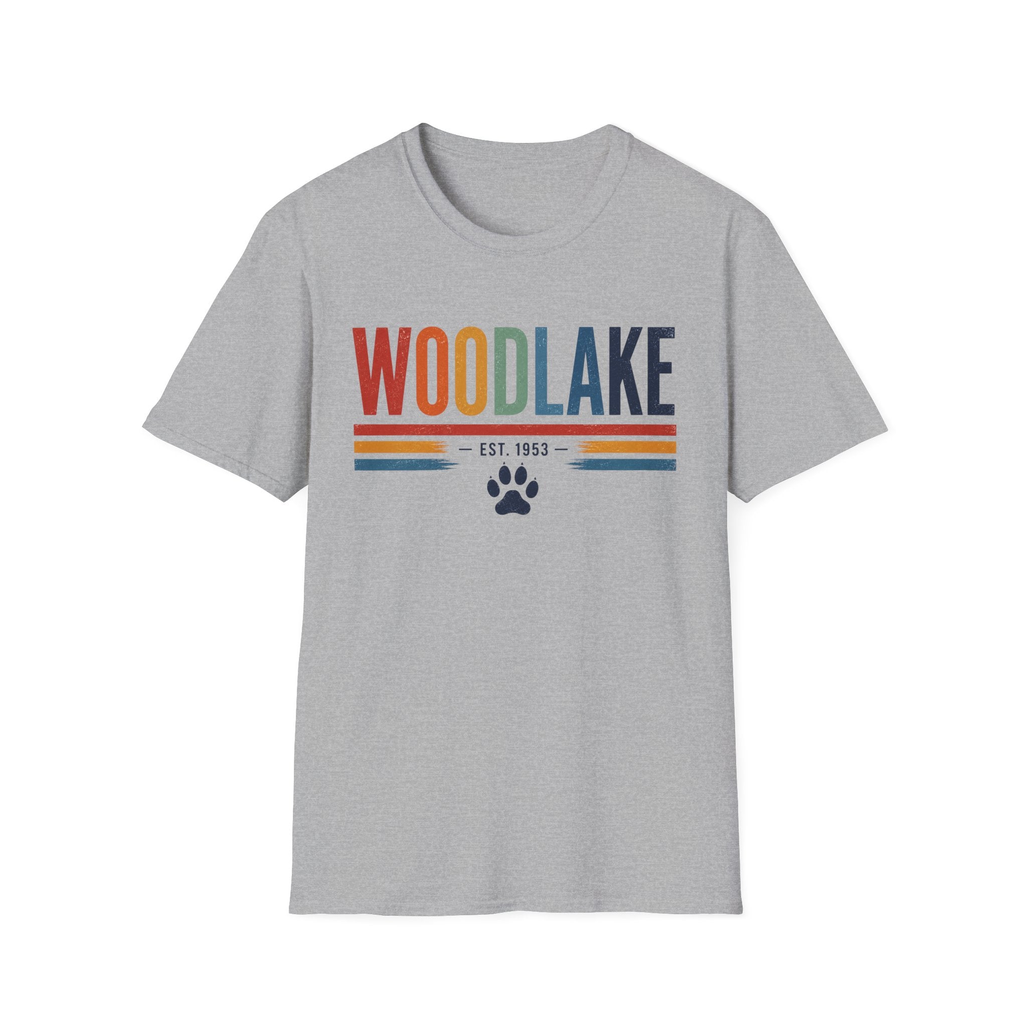 ADULT Woodlake Retro Logo T‑Shirt — Est. 1953 with Paw Print