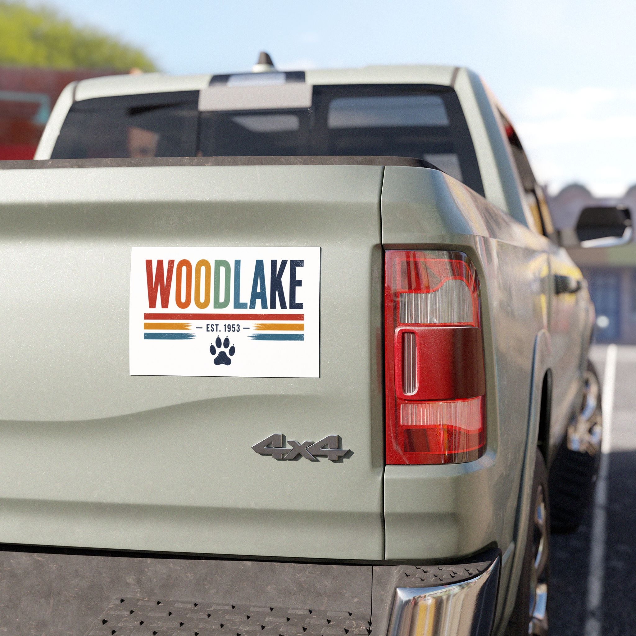 Woodlake Est. 1953 Paw Car Magnet — Retro Striped Lake House Decal