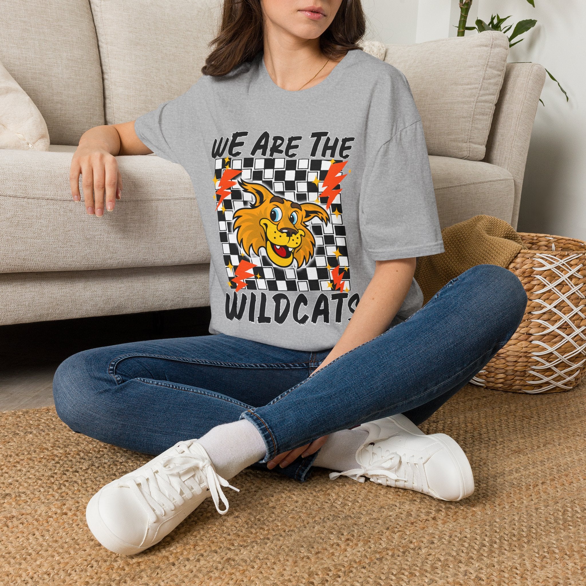 ADULT Wildcats Checkerboard T-Shirt — "We Are The Wildcats" Retro Mascot Tee