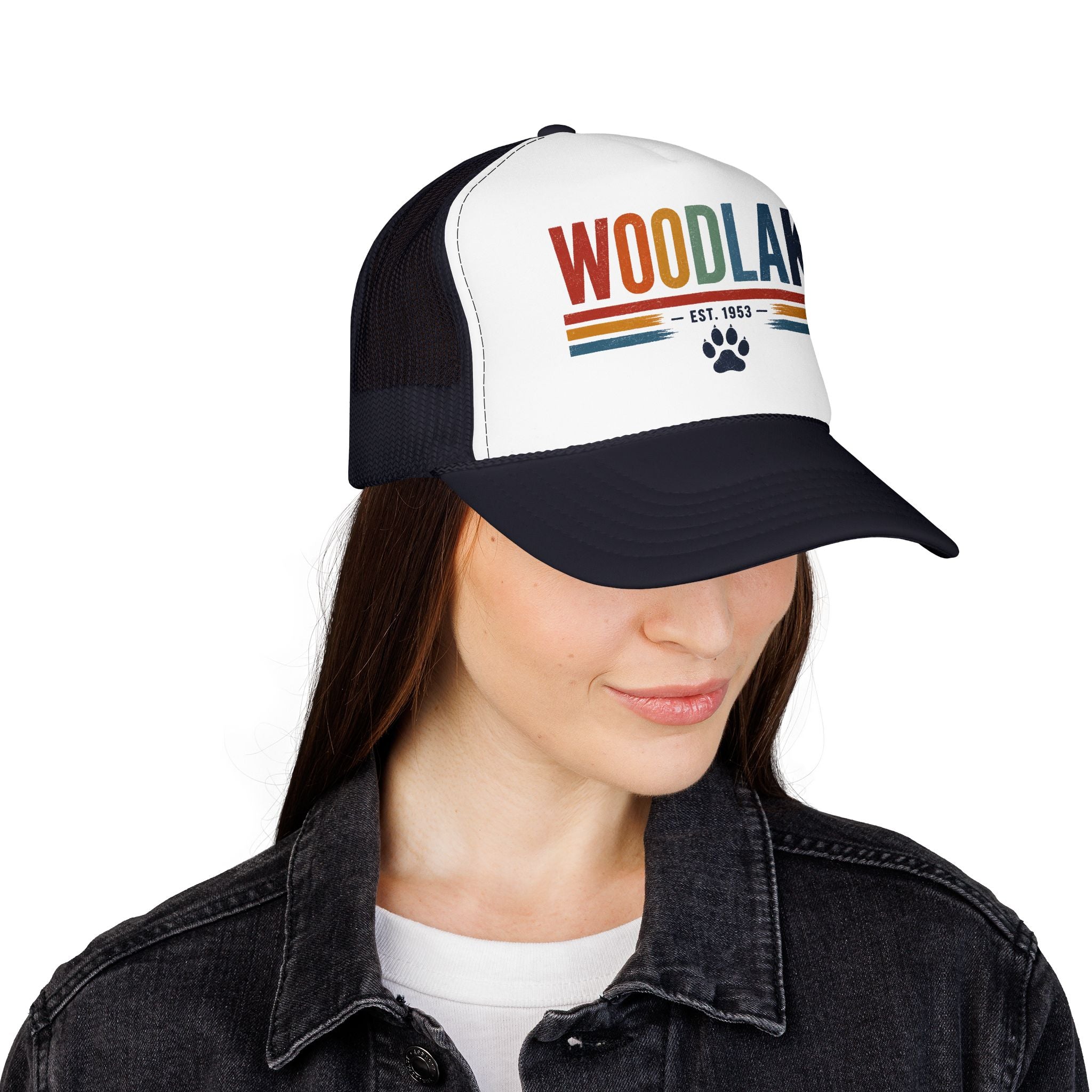 Woodlake Trucker Hat – Retro Striped Foam Cap with Paw Print (Est. 1953)