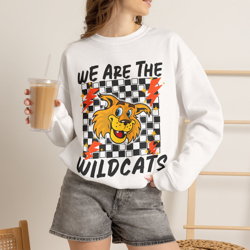 ADULT Wildcats Checkerboard Crewneck Sweatshirt – "We Are The Wildcats" School Spirit Sweater