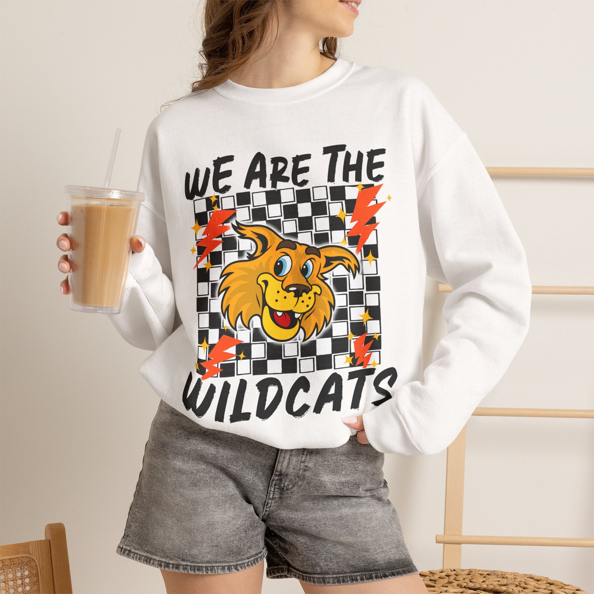 ADULT Wildcats Checkerboard Crewneck Sweatshirt – "We Are The Wildcats" School Spirit Sweater