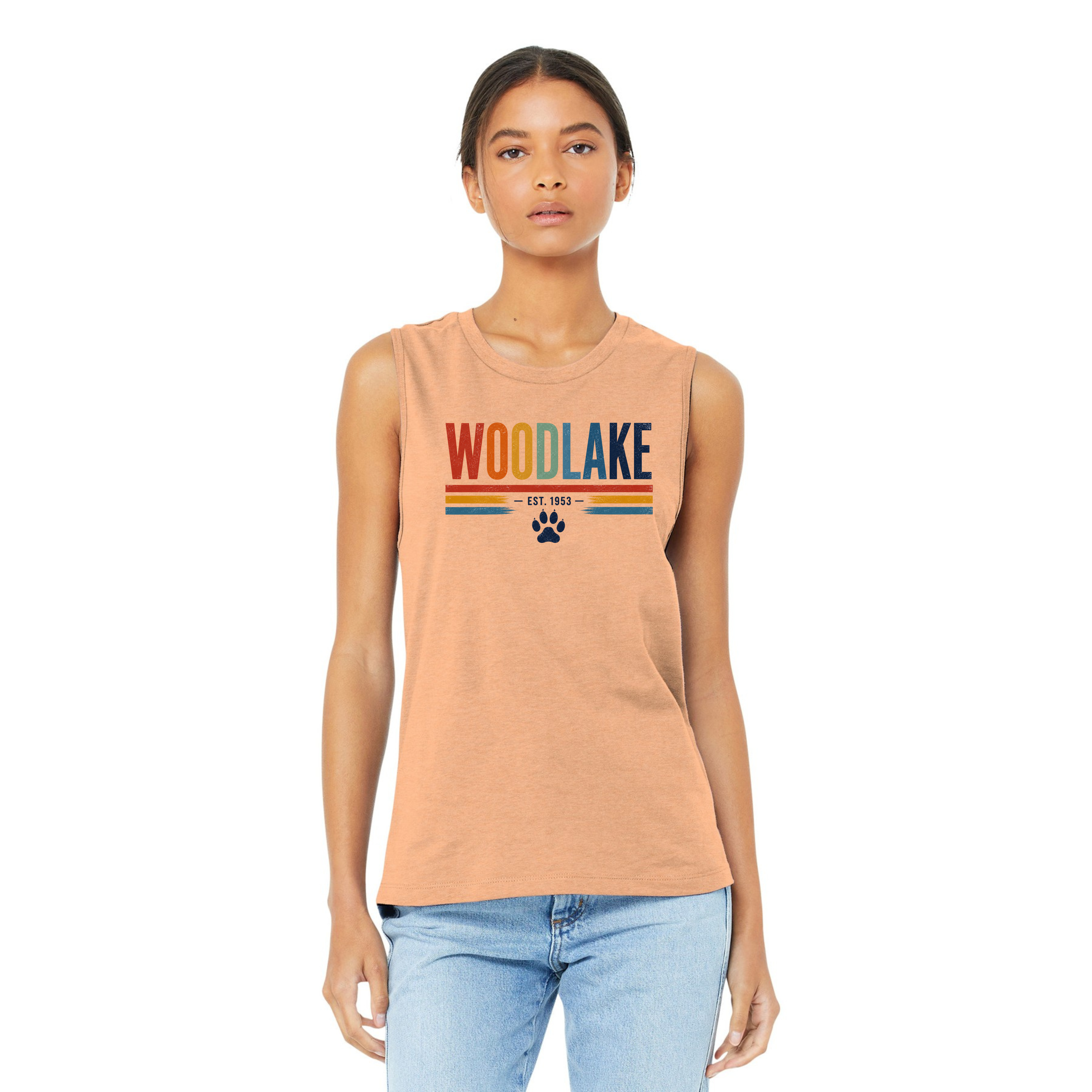 Woodlake Retro Striped Muscle Tank – 'Woodlake Est. 1953' Paw Print