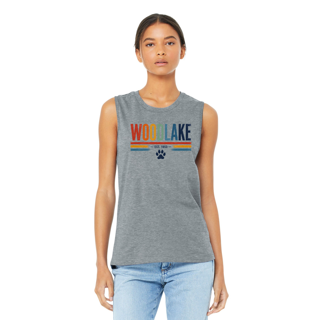 Woodlake Retro Striped Muscle Tank – 'Woodlake Est. 1953' Paw Print