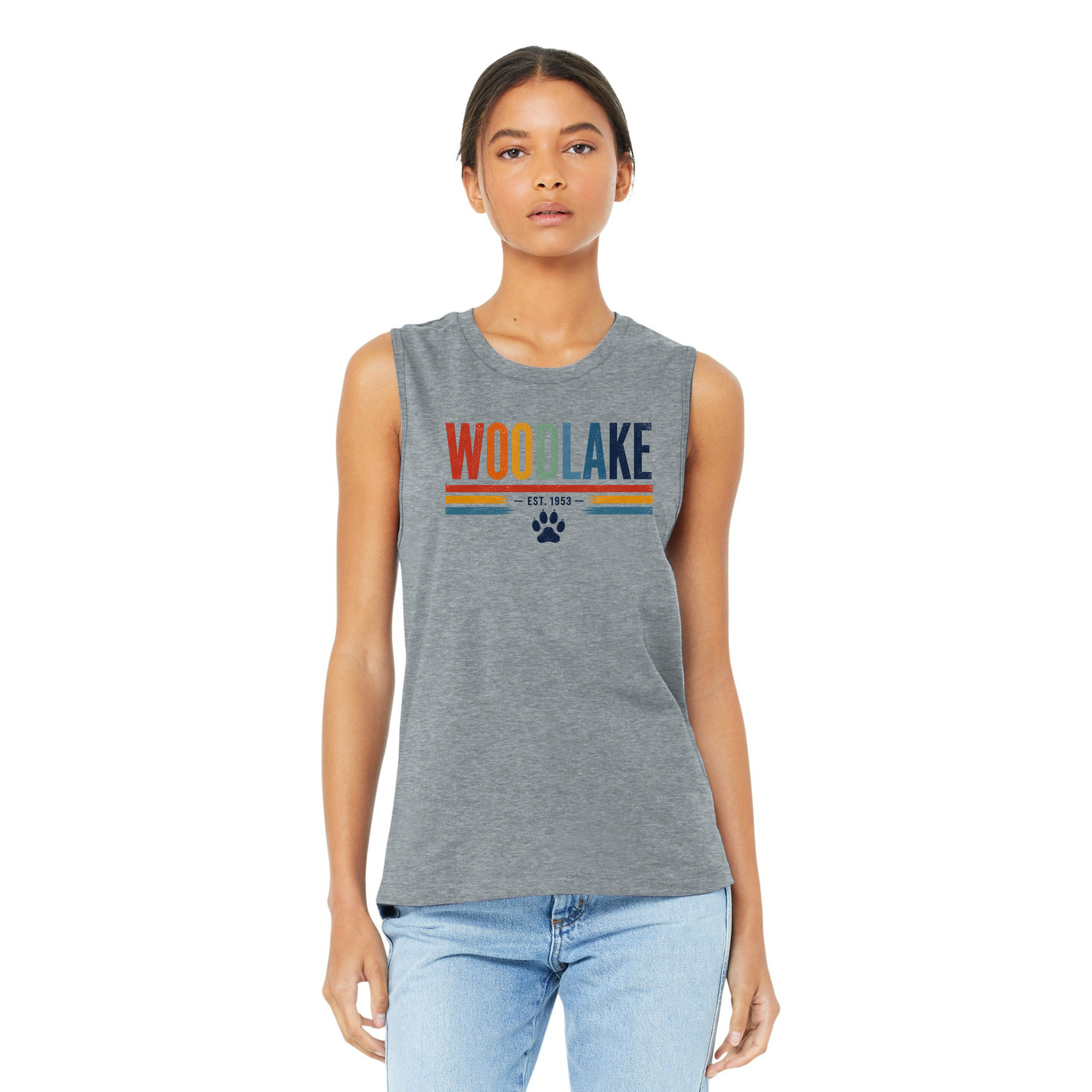 Woodlake Retro Striped Muscle Tank – 'Woodlake Est. 1953' Paw Print