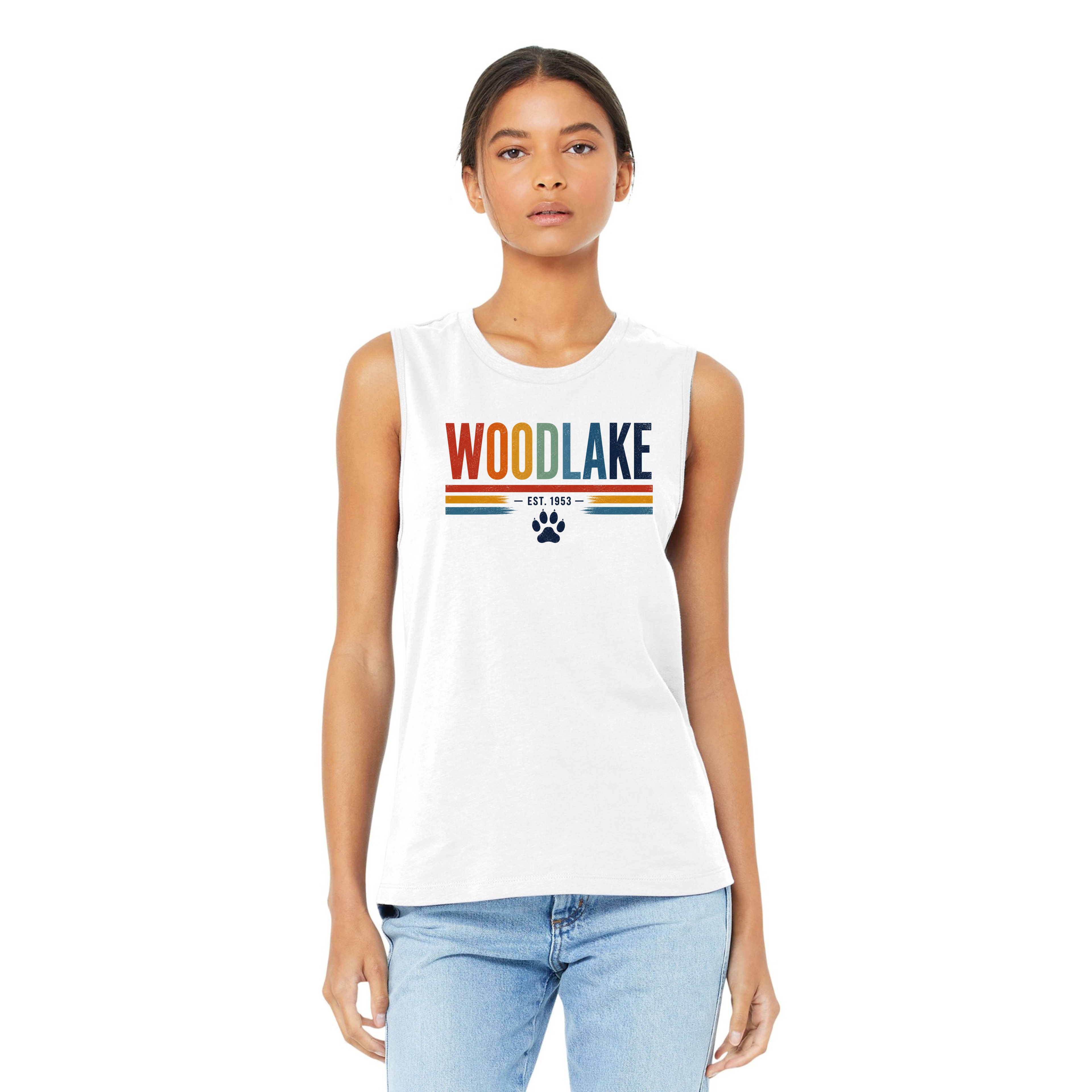 Woodlake Retro Striped Muscle Tank – 'Woodlake Est. 1953' Paw Print