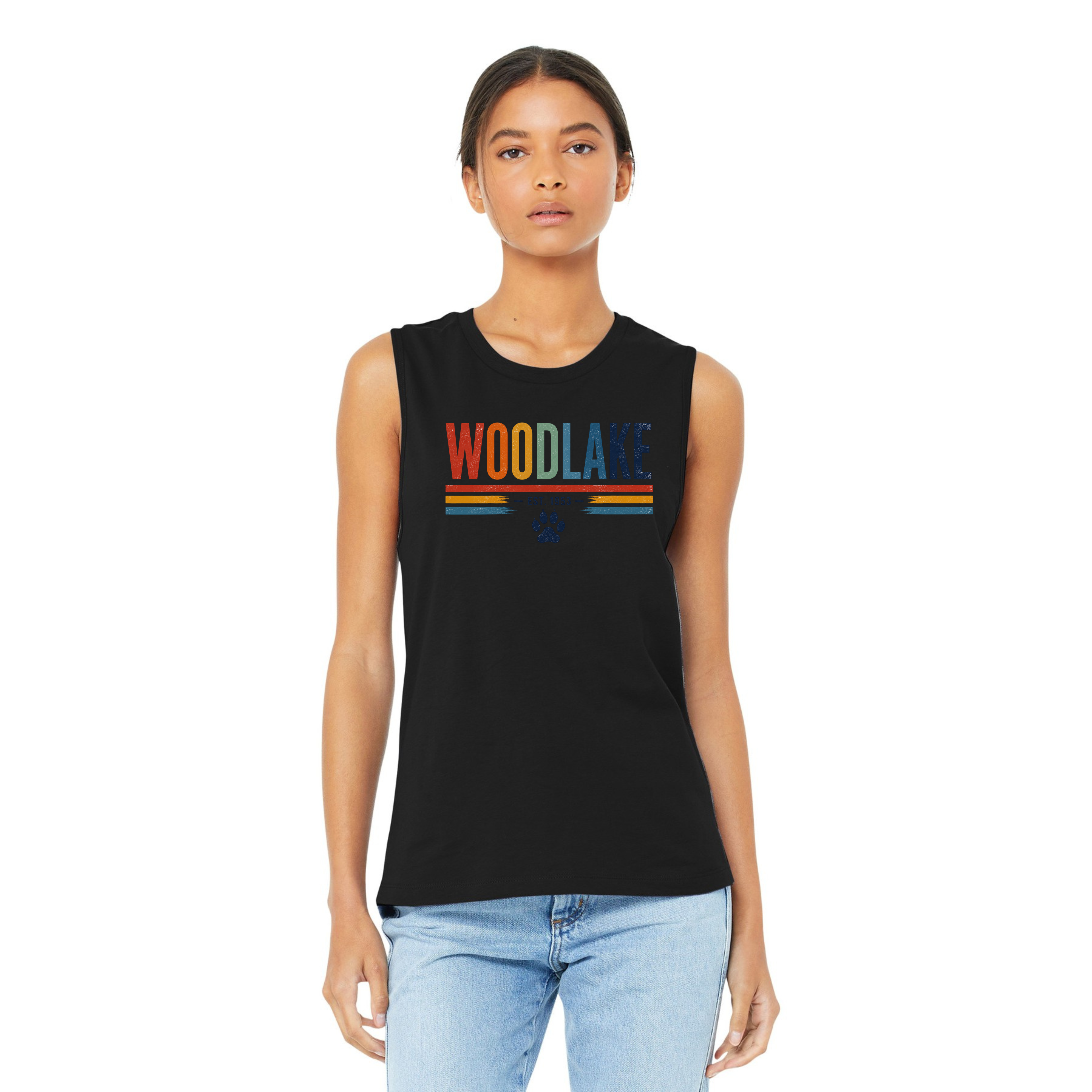 Woodlake Retro Striped Muscle Tank – 'Woodlake Est. 1953' Paw Print