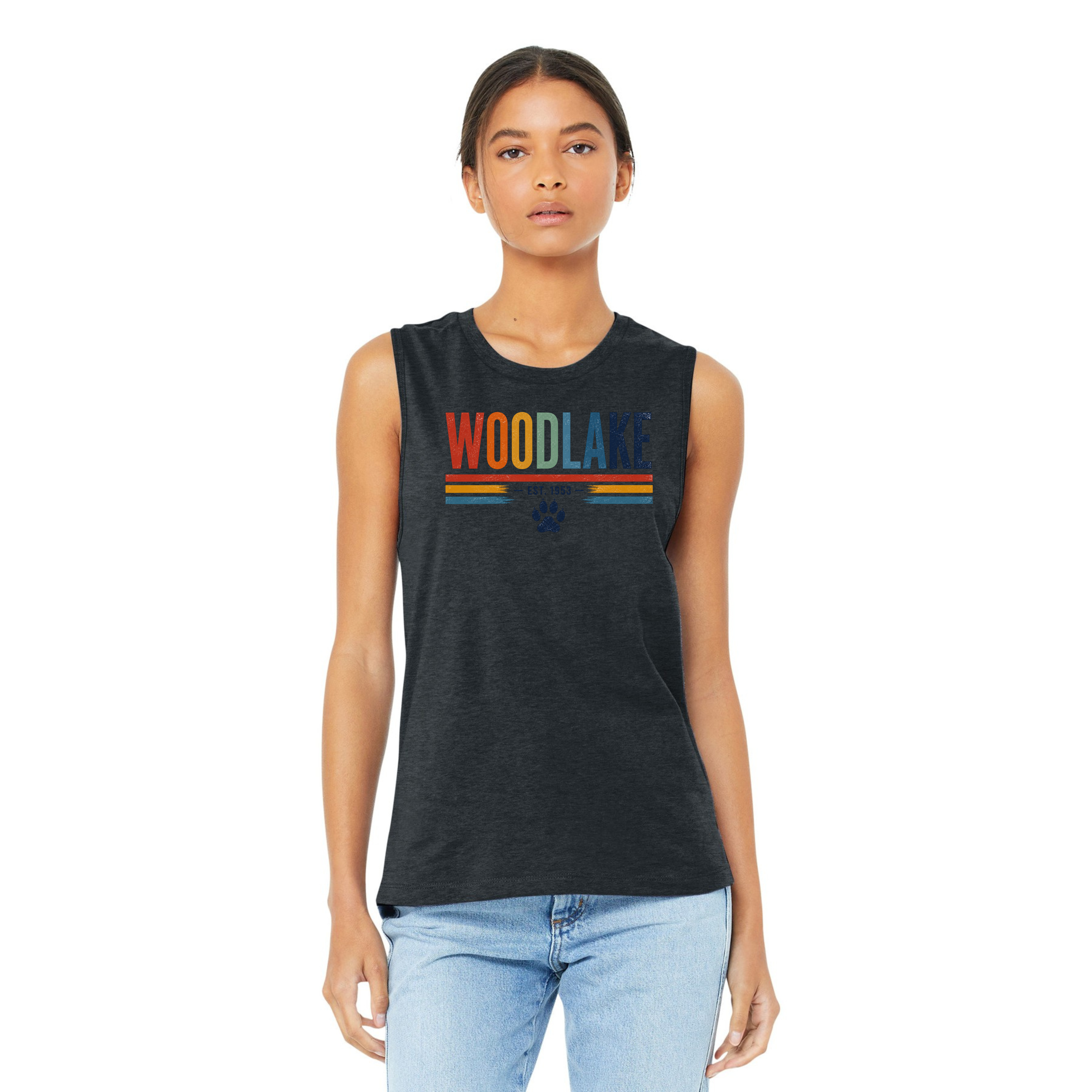 Woodlake Retro Striped Muscle Tank – 'Woodlake Est. 1953' Paw Print