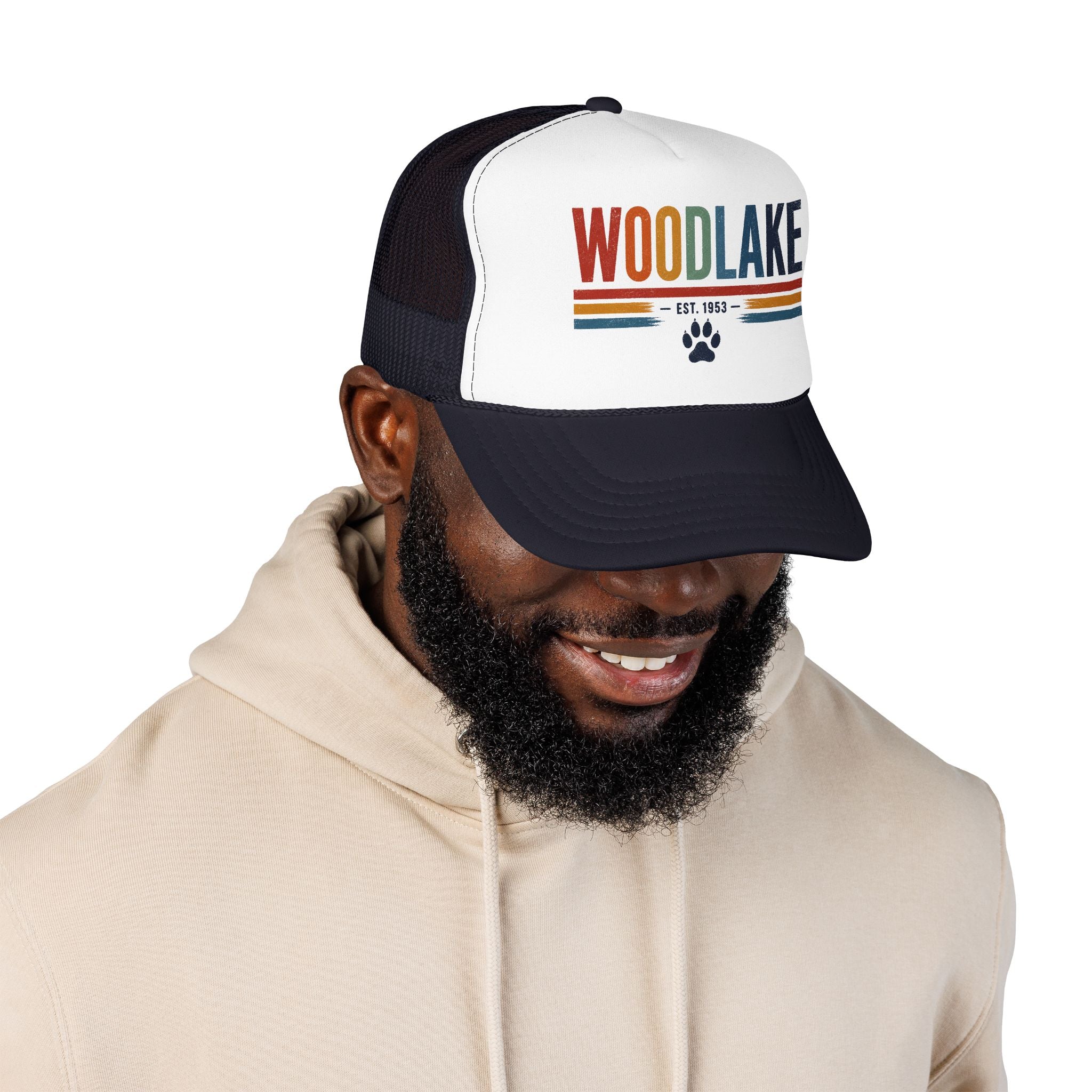 Woodlake Trucker Hat – Retro Striped Foam Cap with Paw Print (Est. 1953)