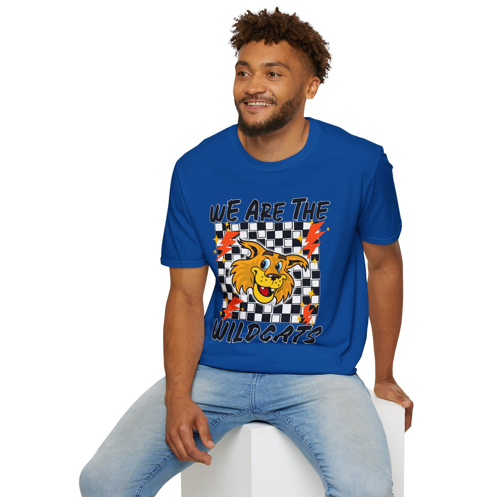 ADULT Wildcats Checkerboard T-Shirt — "We Are The Wildcats" Retro Mascot Tee