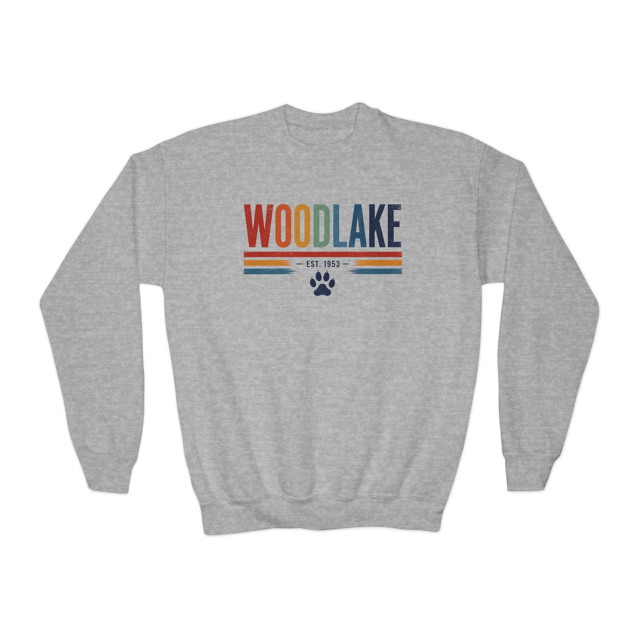 YOUTH Woodlake Crewneck Sweatshirt — Retro Striped Paw Logo