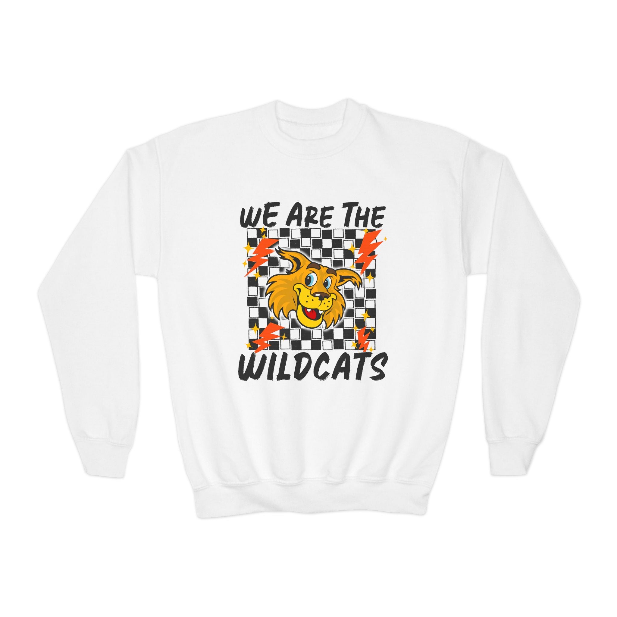 YOUTH Wildcats Crewneck Sweatshirt — "We Are The Wildcats" Retro Checkerboard Design