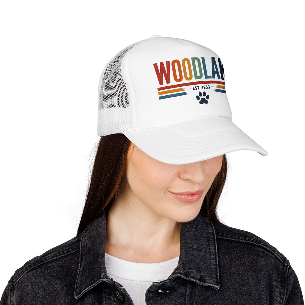Woodlake Trucker Hat – Retro Striped Foam Cap with Paw Print (Est. 1953)