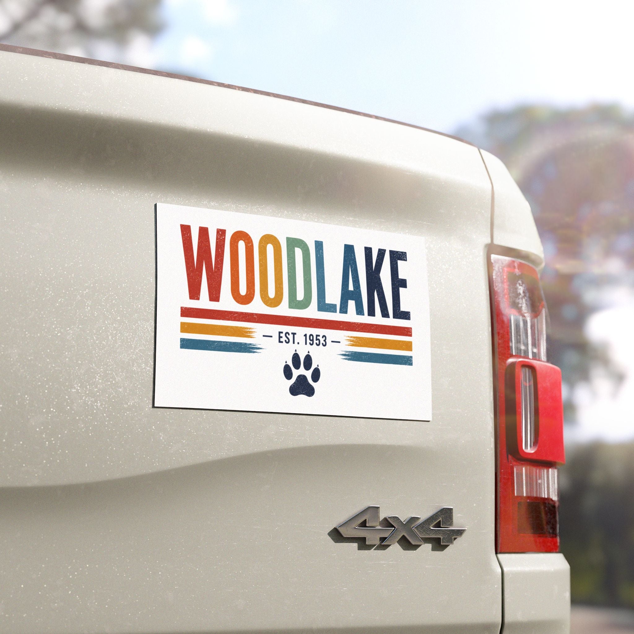 Woodlake Est. 1953 Paw Car Magnet — Retro Striped Lake House Decal