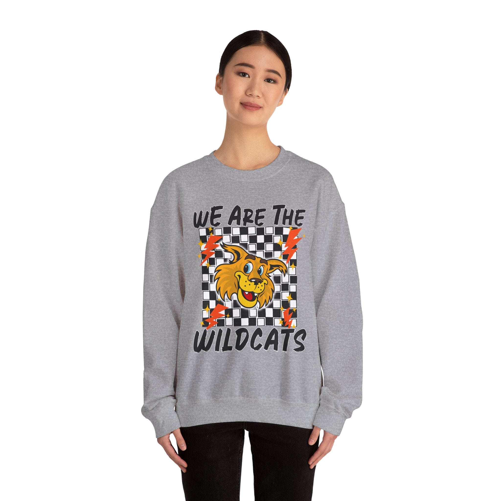 ADULT Wildcats Checkerboard Crewneck Sweatshirt – "We Are The Wildcats" School Spirit Sweater