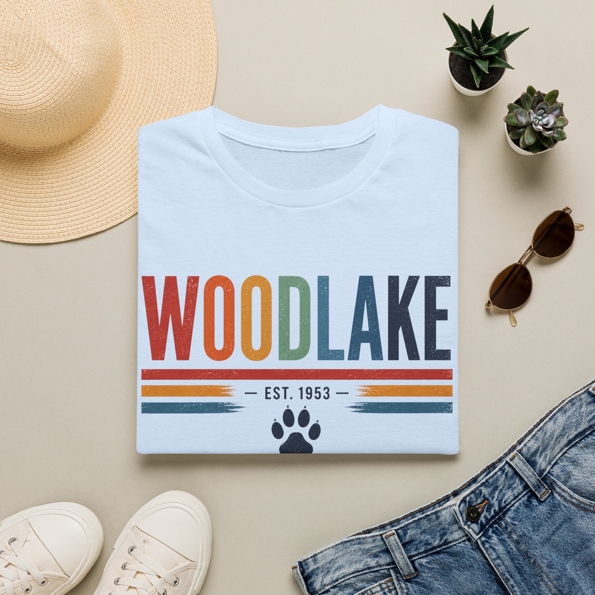 ADULT Woodlake Retro Logo T‑Shirt — Est. 1953 with Paw Print