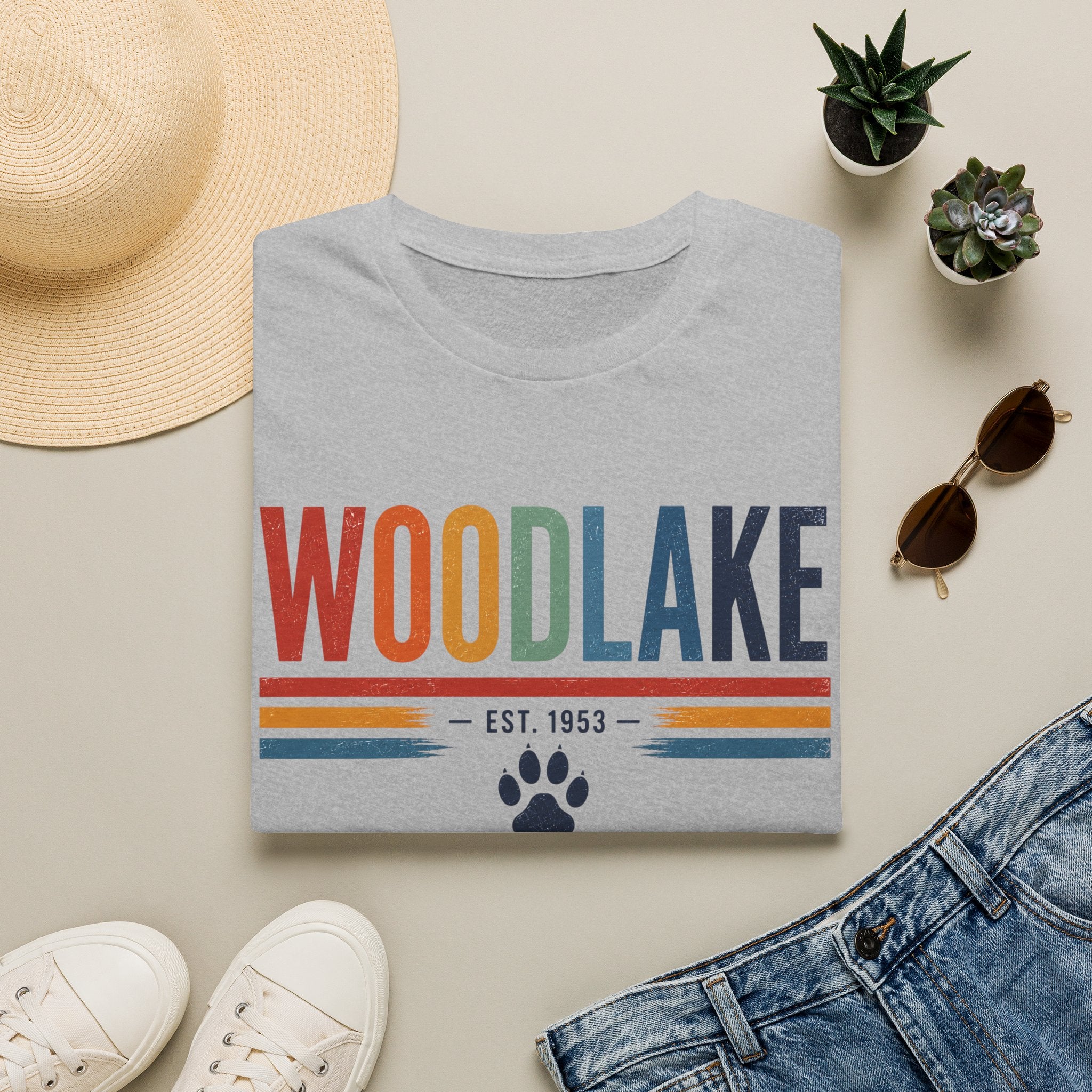 ADULT Woodlake Retro Logo T‑Shirt — Est. 1953 with Paw Print